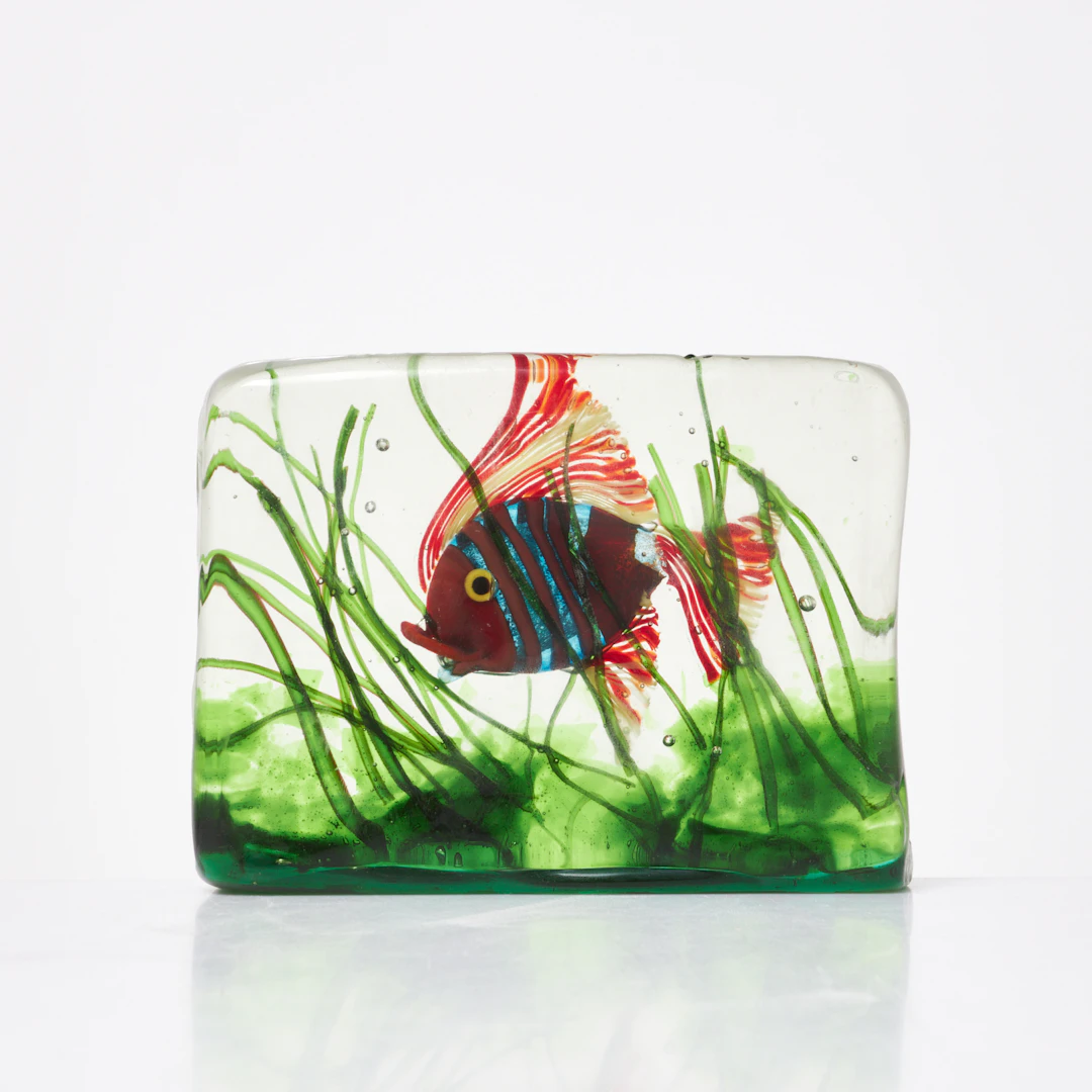 GLASBLOCK, 1900-tal, med fisk och alger, sannolikt Murano, Italien.