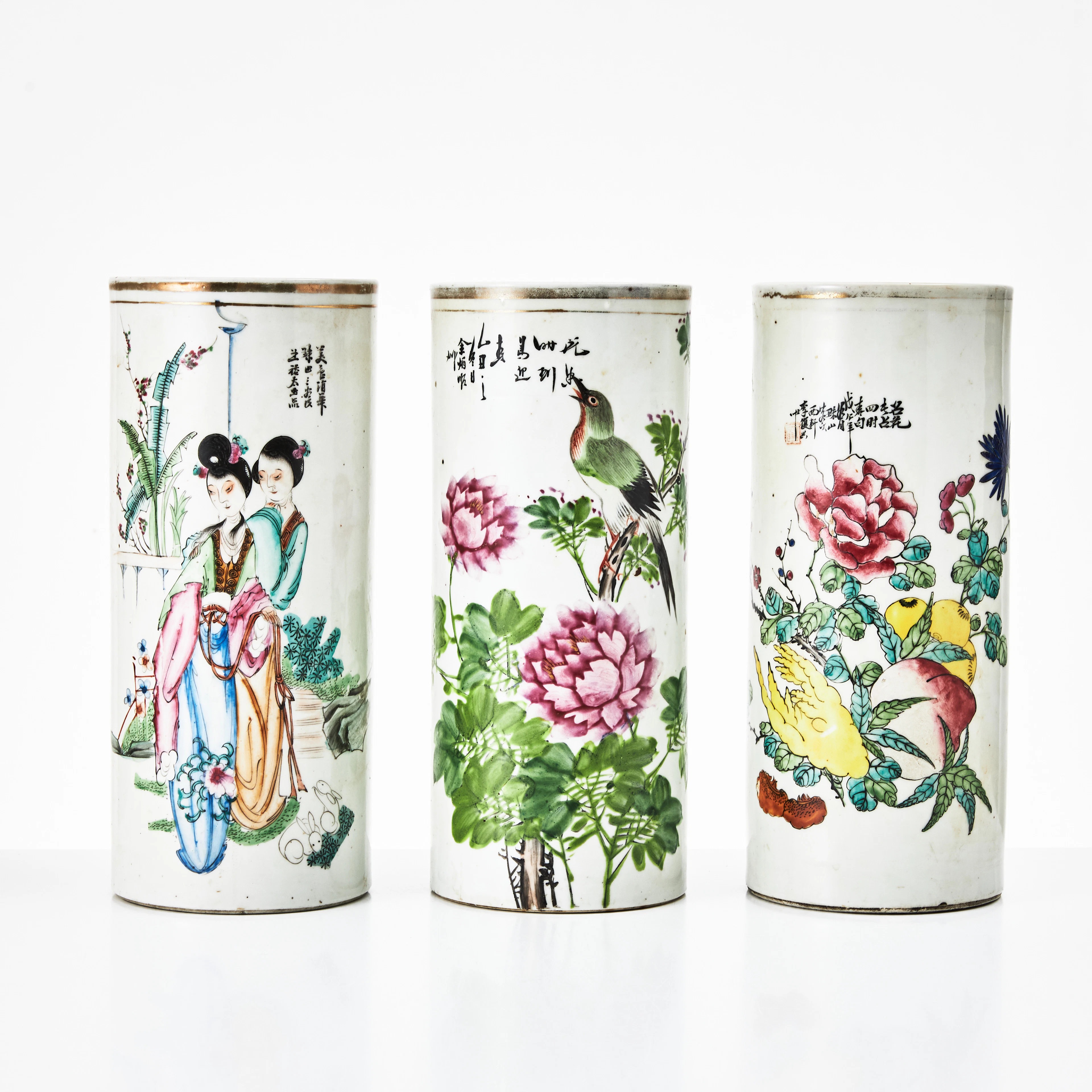 PENSELVASER, 3 st., porslin, Kina, Republik (1912-1949), cylinderformade