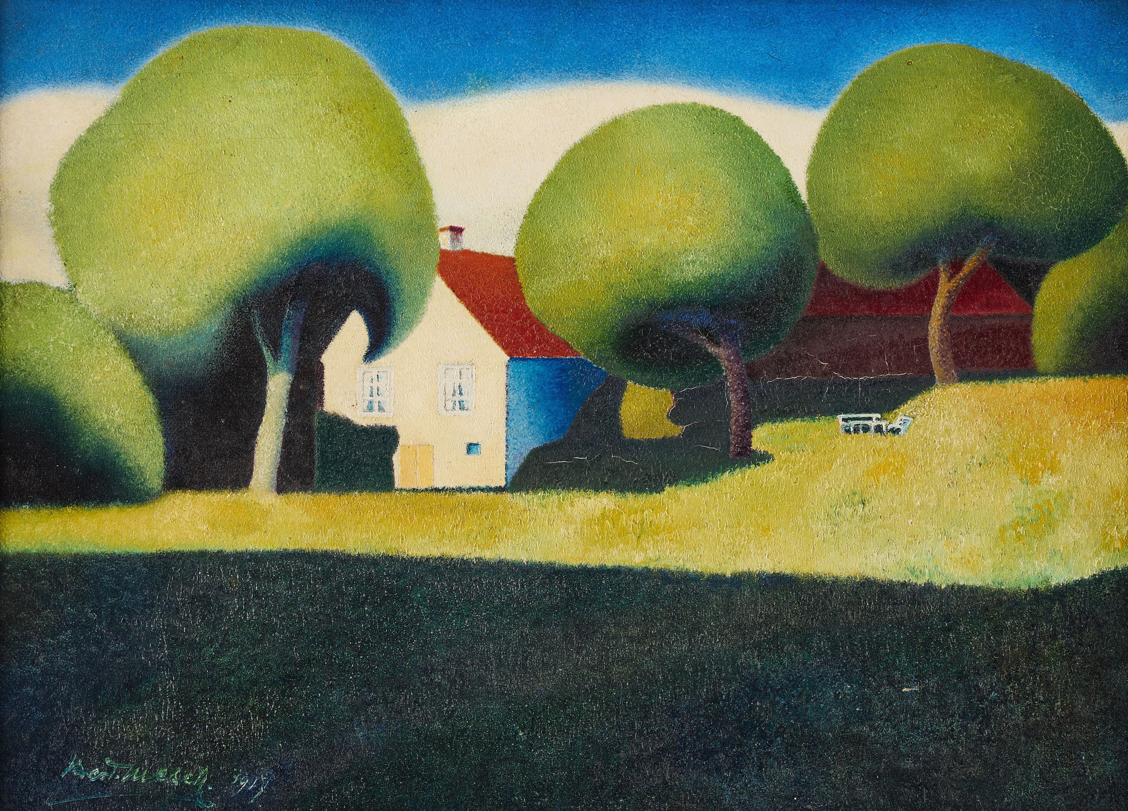 BERT OLSON MESCH (1870-1945). Surrealistiskt landskap med hus och