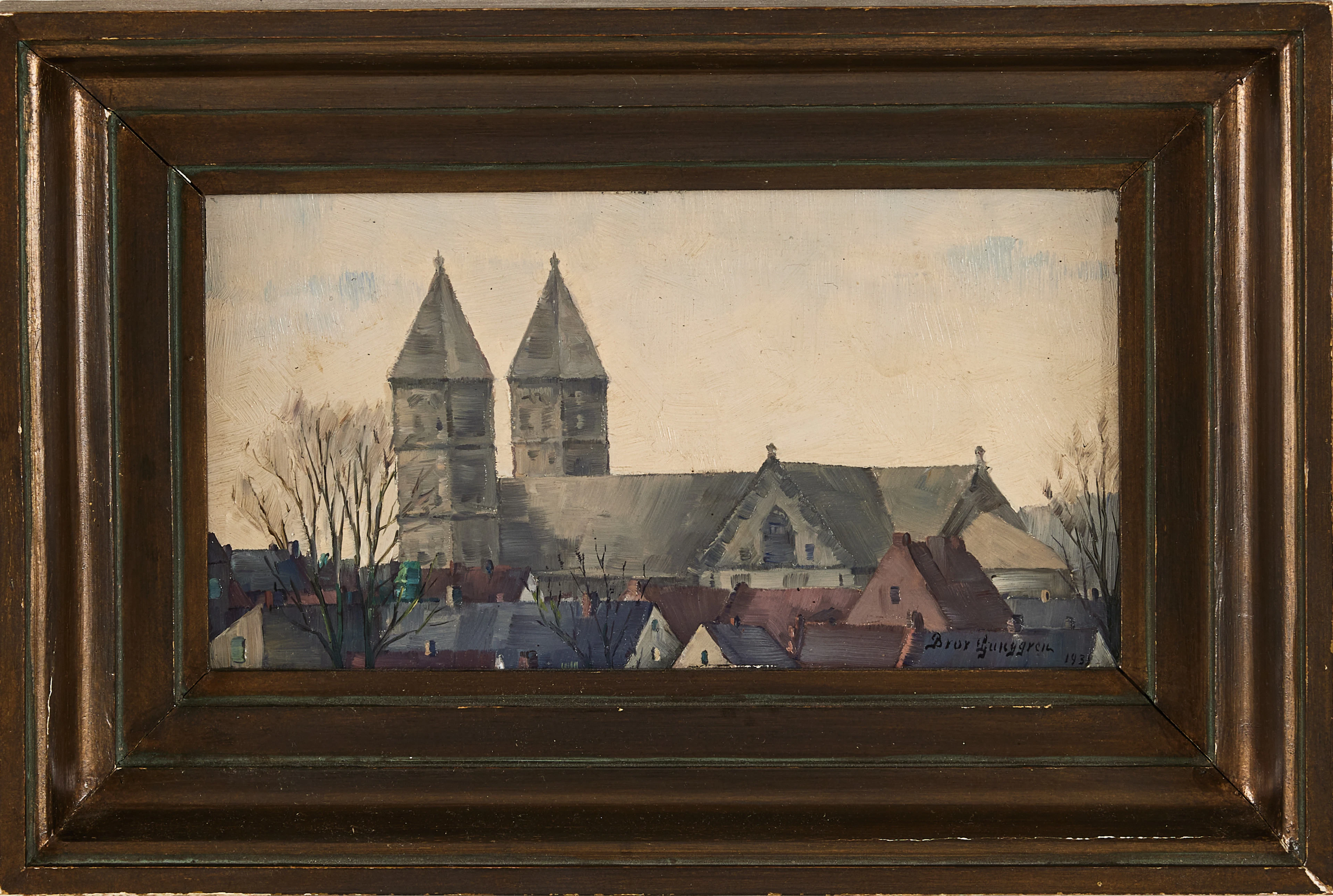 BROR LJUNGGREN (1884-1939). "Dimmig dag", Lund, olja på pannå.