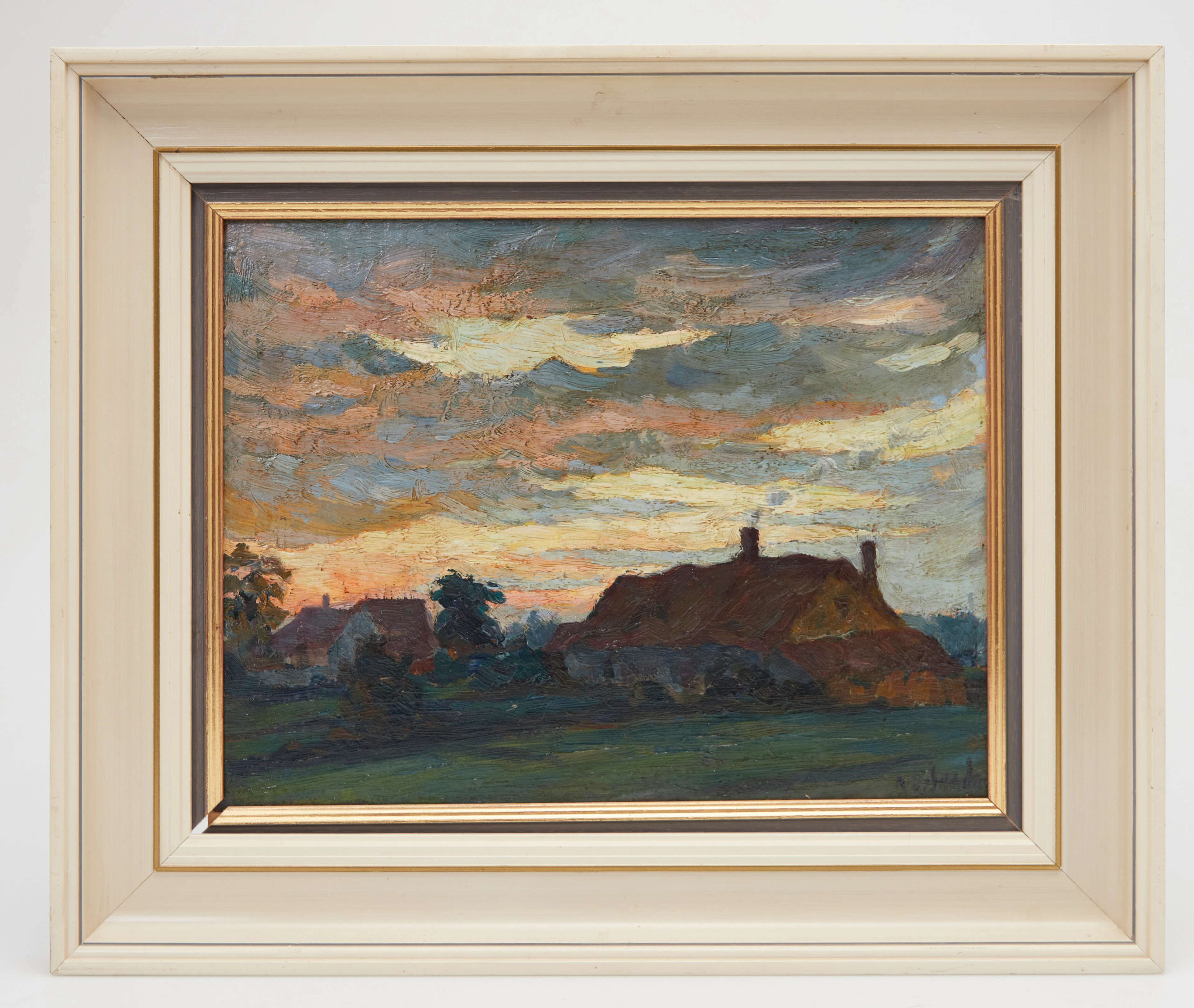 RENÉ VAN DE SANDE (1889-1946). Sonnenuntergang über der Scheune, Ölgemälde.
