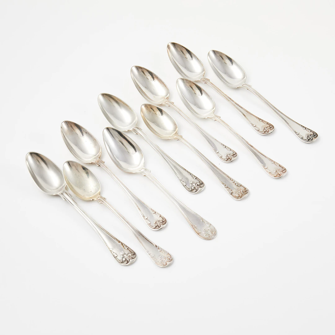 KAFFESKEDAR, 8+2 st, silver, "Gammal Fransk", olika tillverkare bl.a.