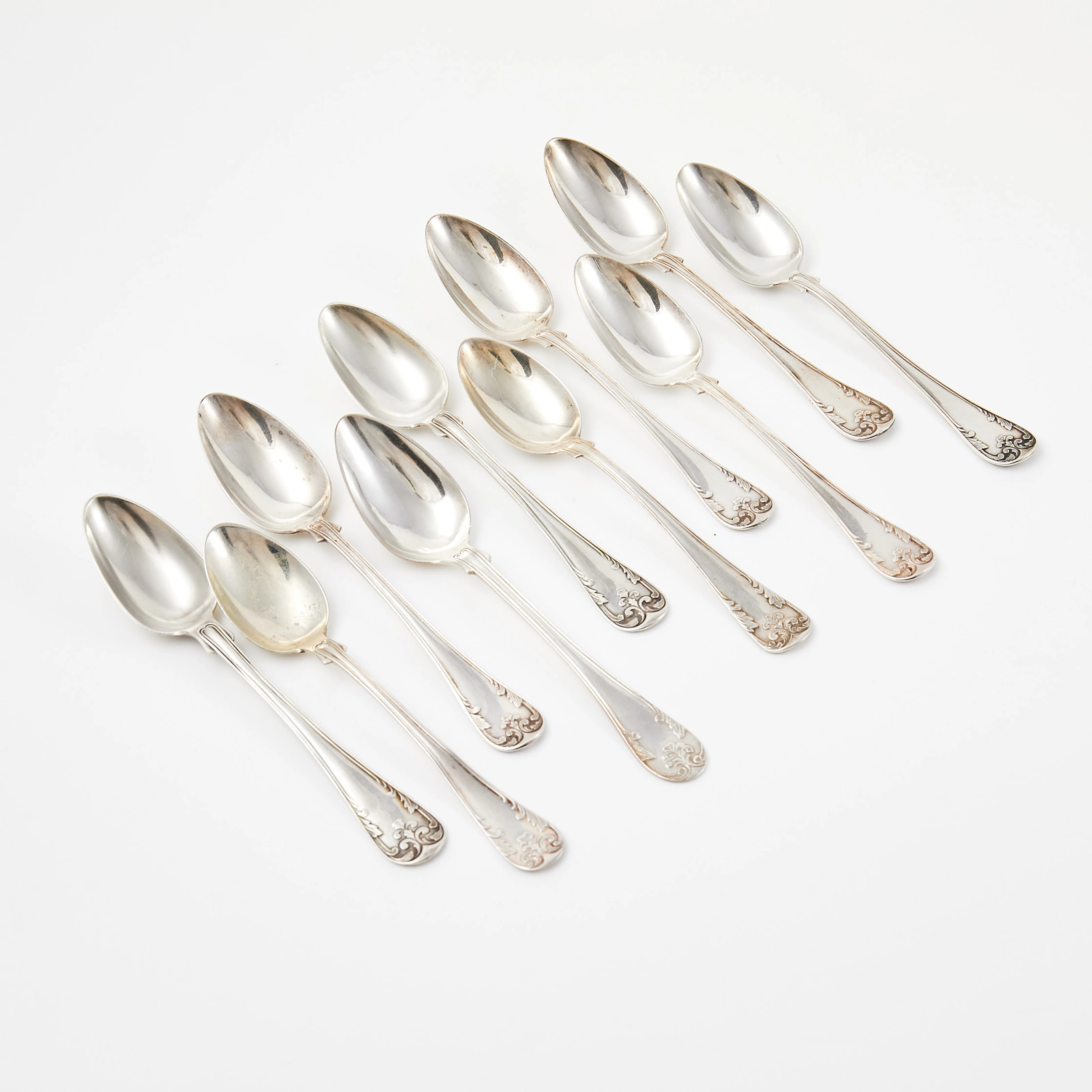 KAFFESKEDAR, 8+2 st, silver, "Gammal Fransk", olika tillverkare bl.a.