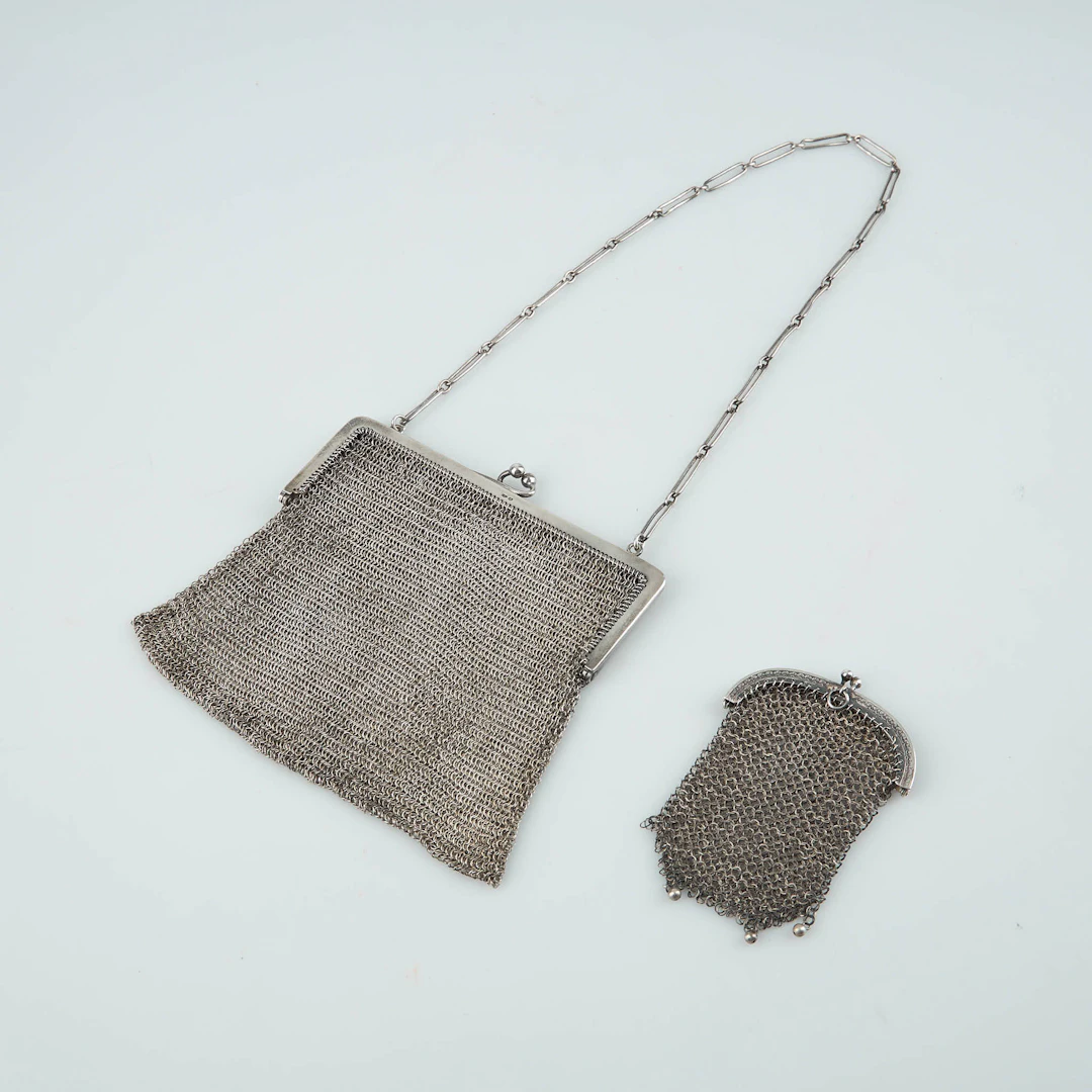 MESH VÄSKA OCH PORTMONNÄ, silver, tidigt 1900-tal.