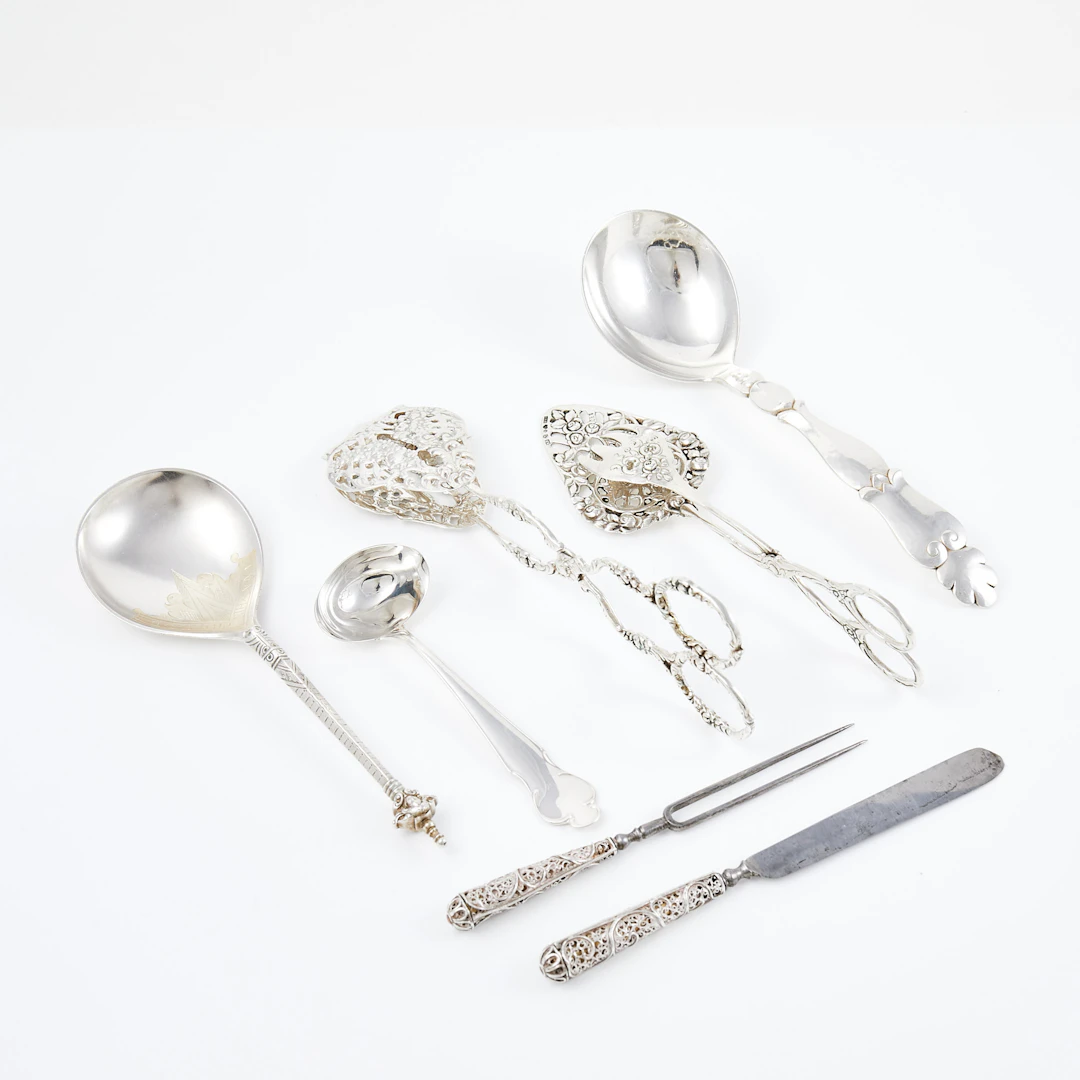 PARTI SILVER, 5 dlr, silver, tänger, skedar, kniv. olika tillverkare