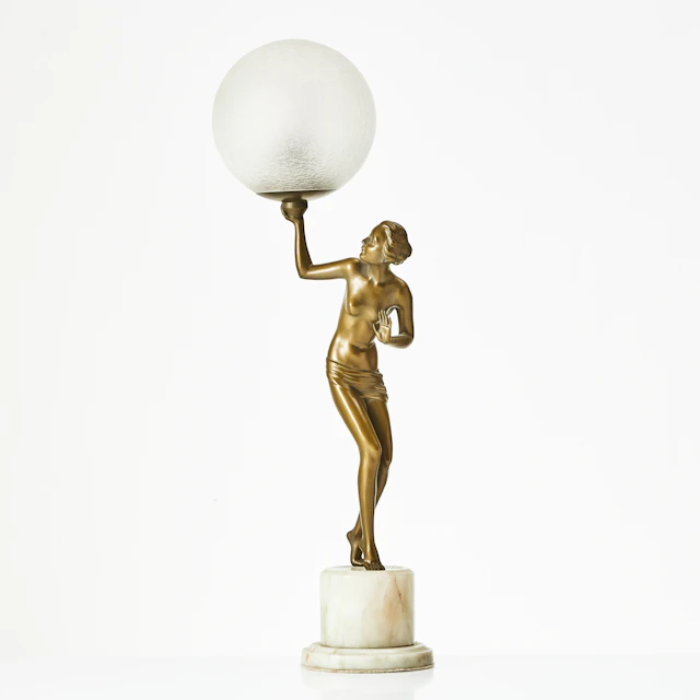 BORDSLAMPA, art deco-stil, grönlackerad metall, sockel av alabaster