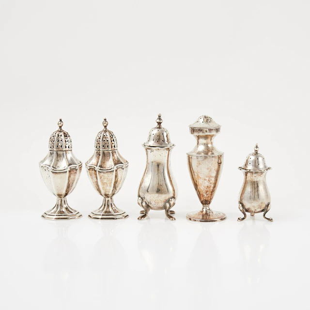 STRÖARE, 5 st, silver, olika tillverkare och år, bl.a London, Birmingham