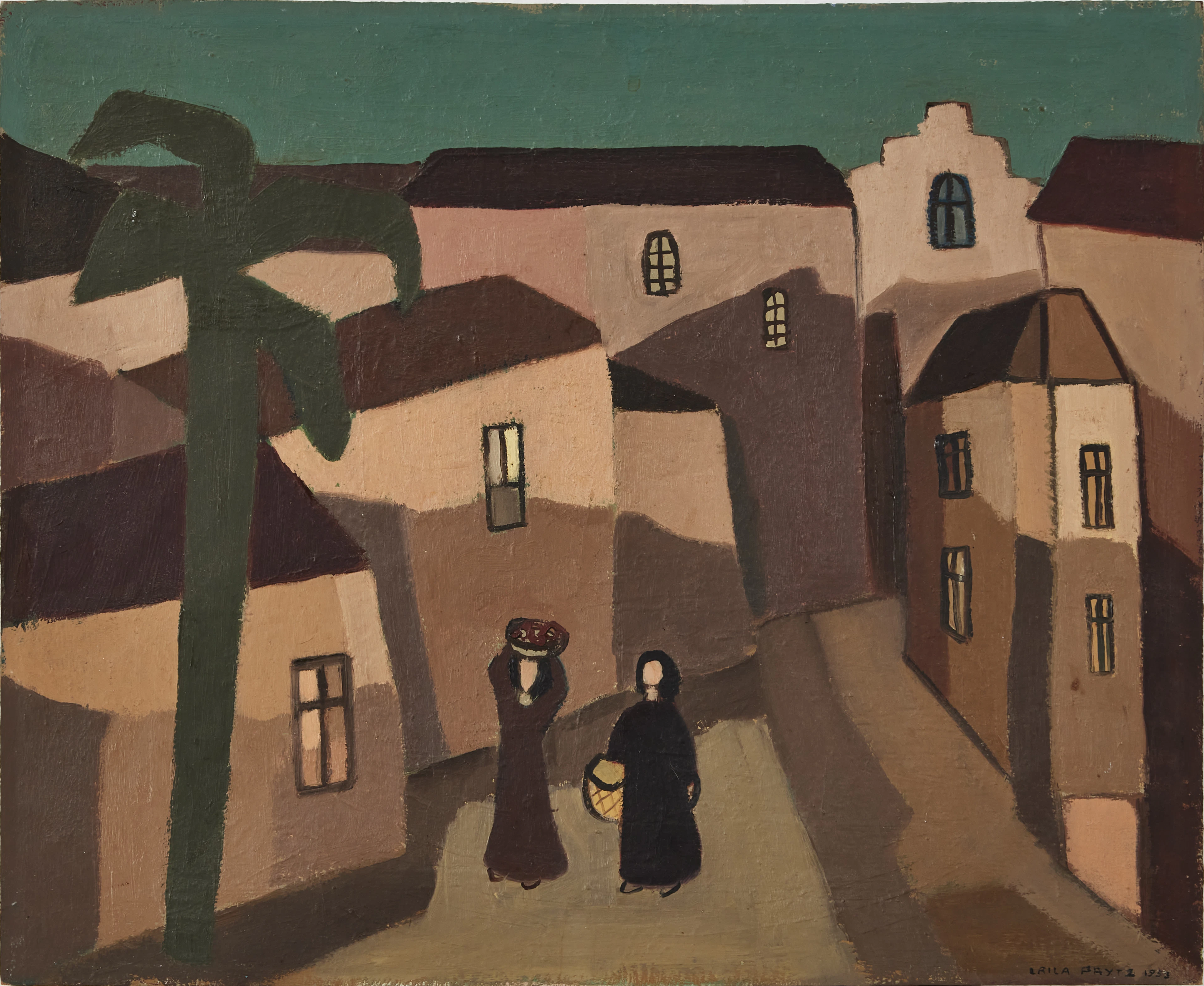 LAILA PRYTZ (1907 - 1982). Bebyggelse med palm, olja på pannå, signerad