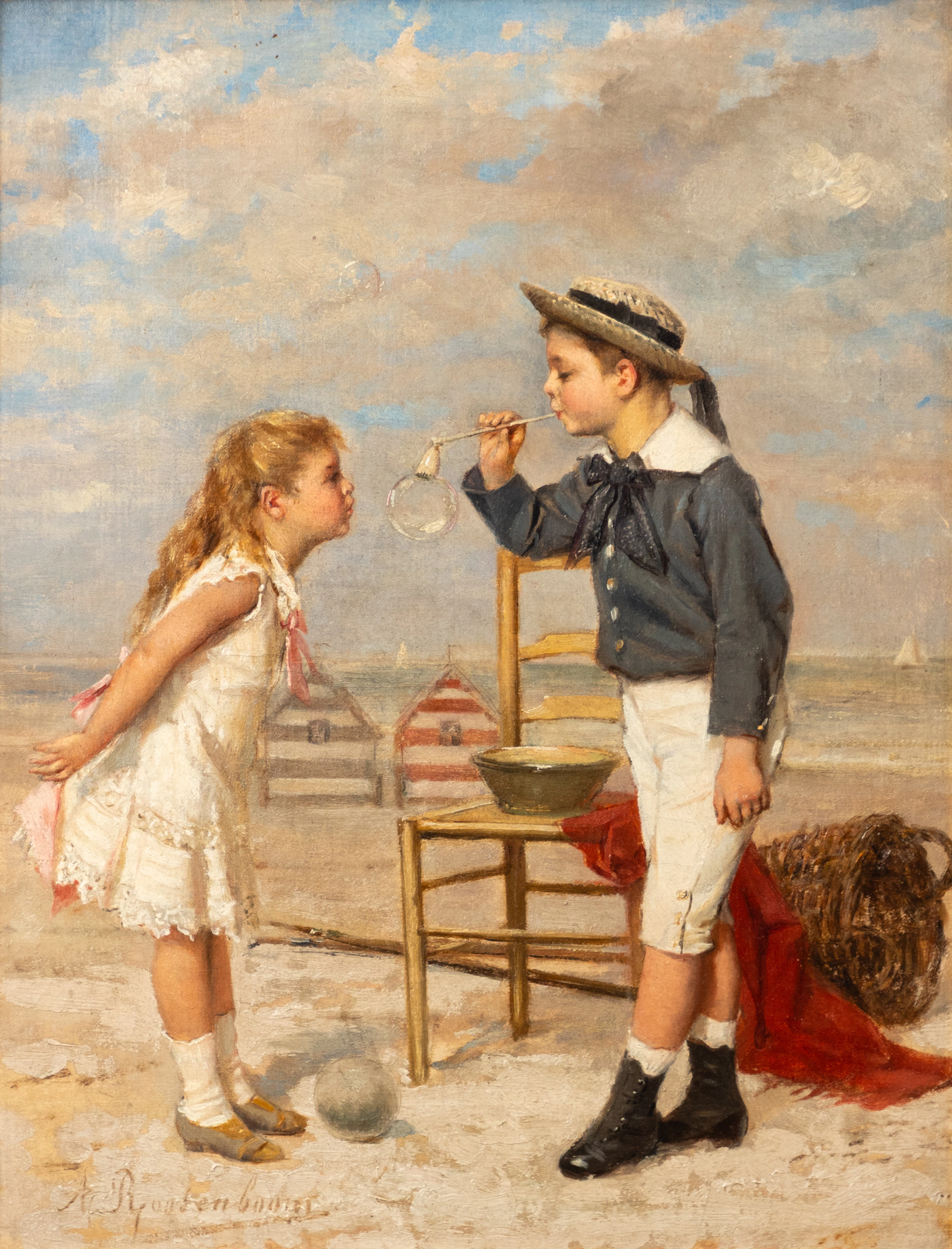 ALBERT ROOSENBOOM (1845- NACH 1888). Kinder am Strand mit Seifenblasen.