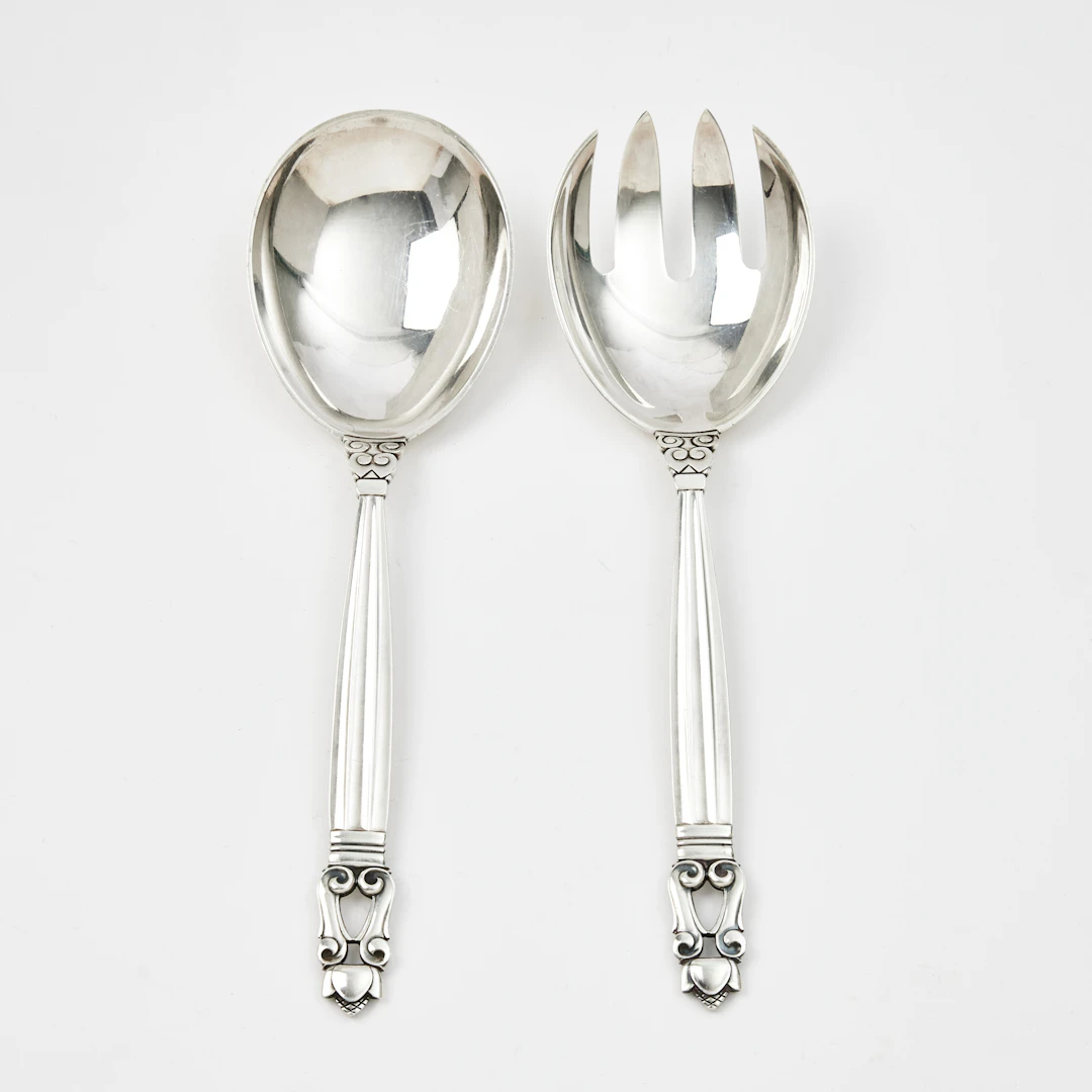 JOHAN ROHDE. Salladsbestick, 2 dlr., "Konge/Acorn", sterlingsilver