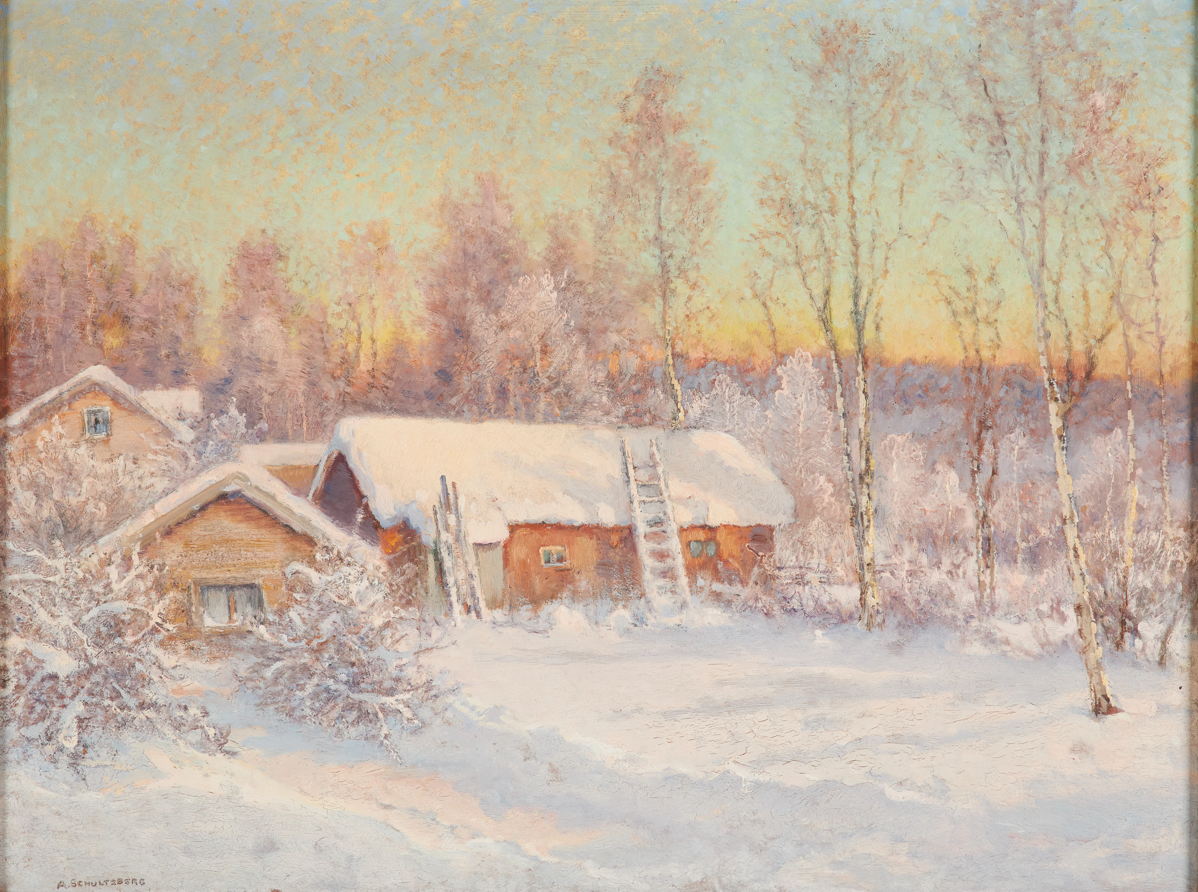 ANSHELM SCHULTZBERG. Vinterlandskap med gård.