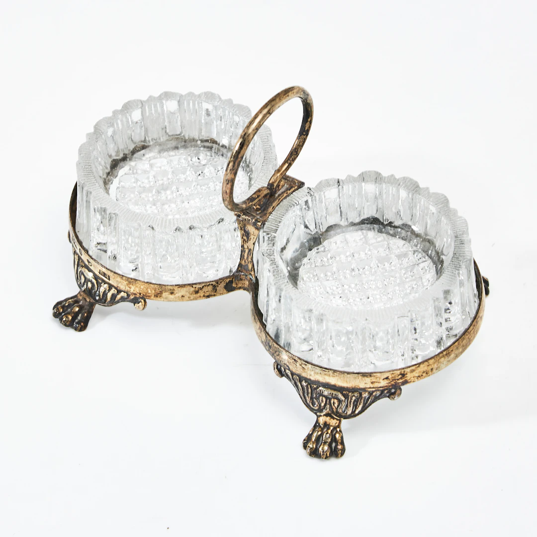 GUSTAF MÖLLENBORG. Saltkar, silver, förgyllt, dubbla skålar i pressglas