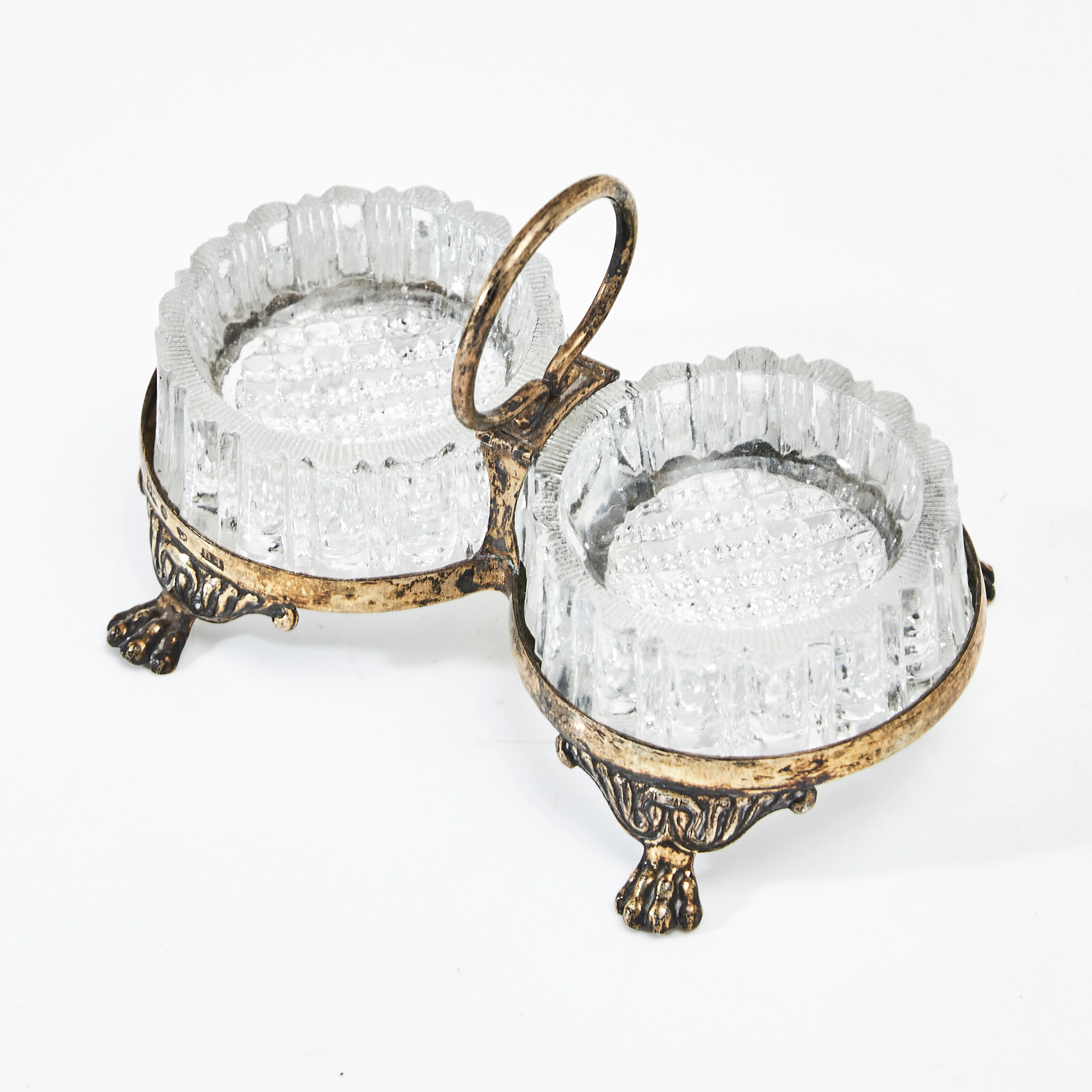 GUSTAF MÖLLENBORG. Saltkar, silver, förgyllt, dubbla skålar i pressglas
