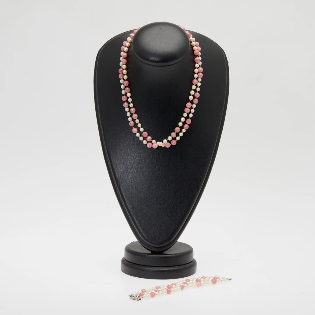 SET KETTE UND ARMBAND, 585er Weißgold, Perlen, Rhodochrosit.