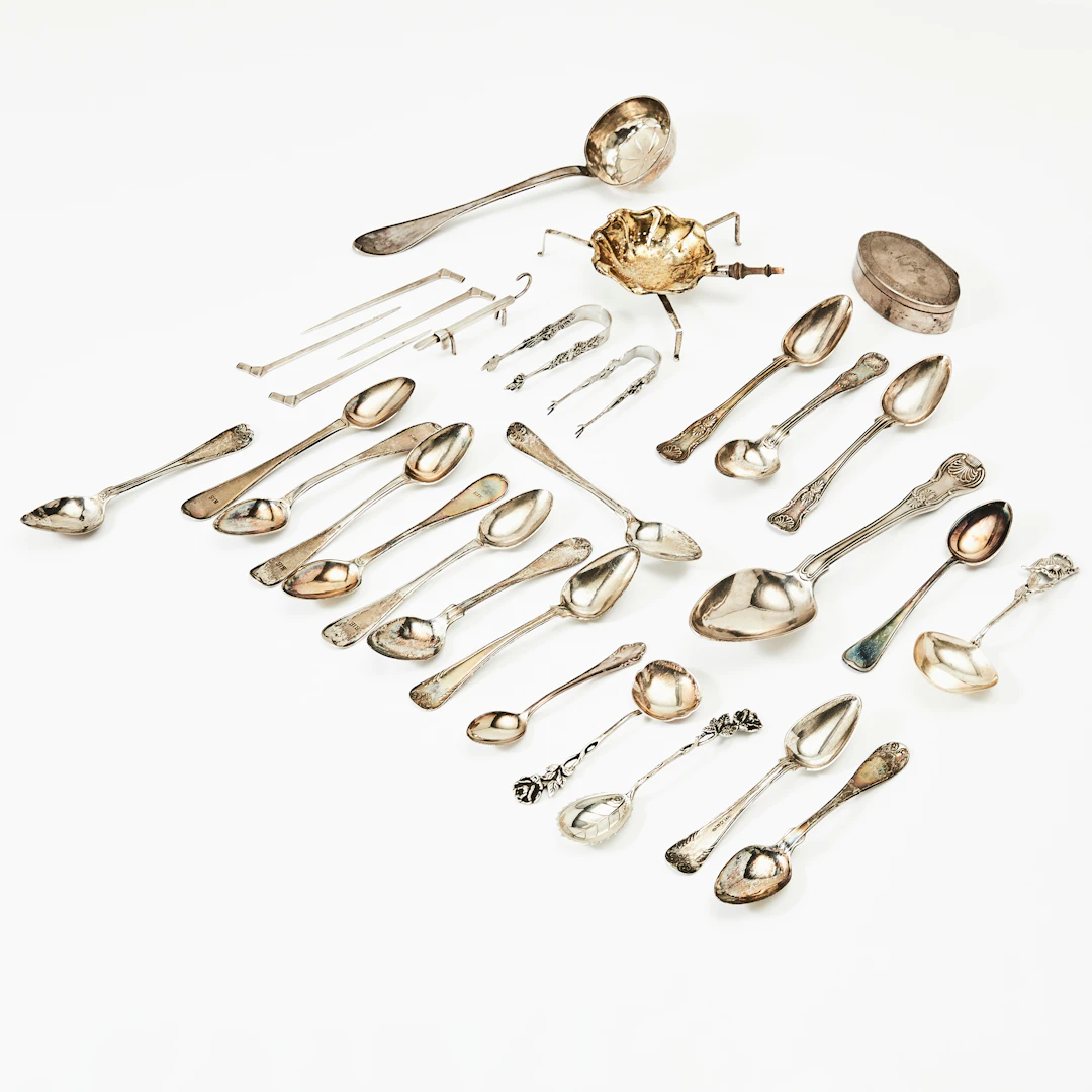 SKEDAR, STRÖARE, TESIL, DOSA & SERVERINGSBESTICK, 29 dlr., silver, 18/1900-tal.