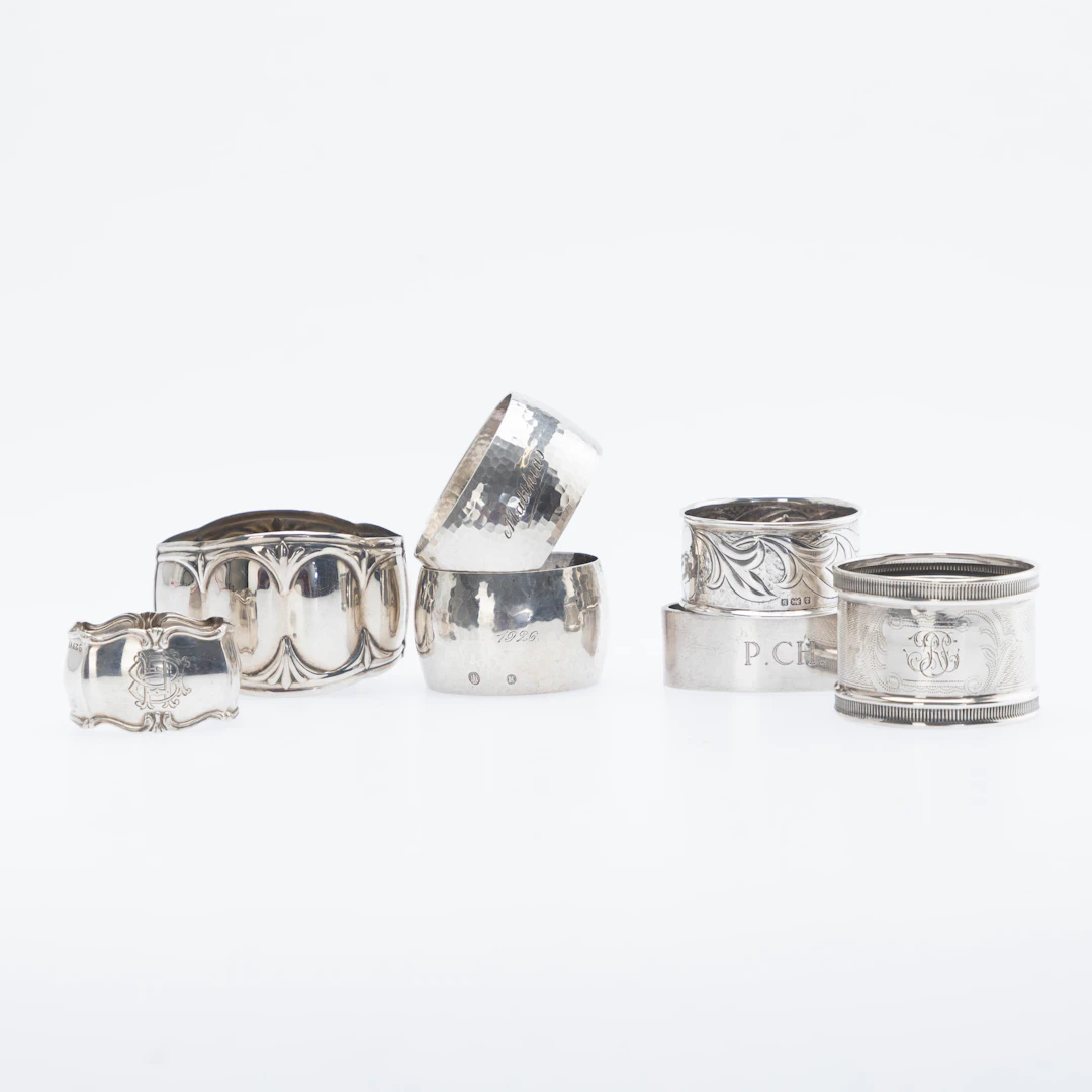 Sammlung von sieben verschiedenen Serviettenringen, Silber, Deutschland