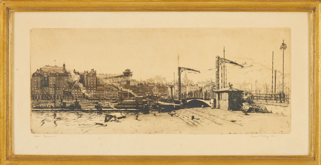 HARALD SALLBERG. "Slussen, Stockholm, torrnålsgravyr, signerad och