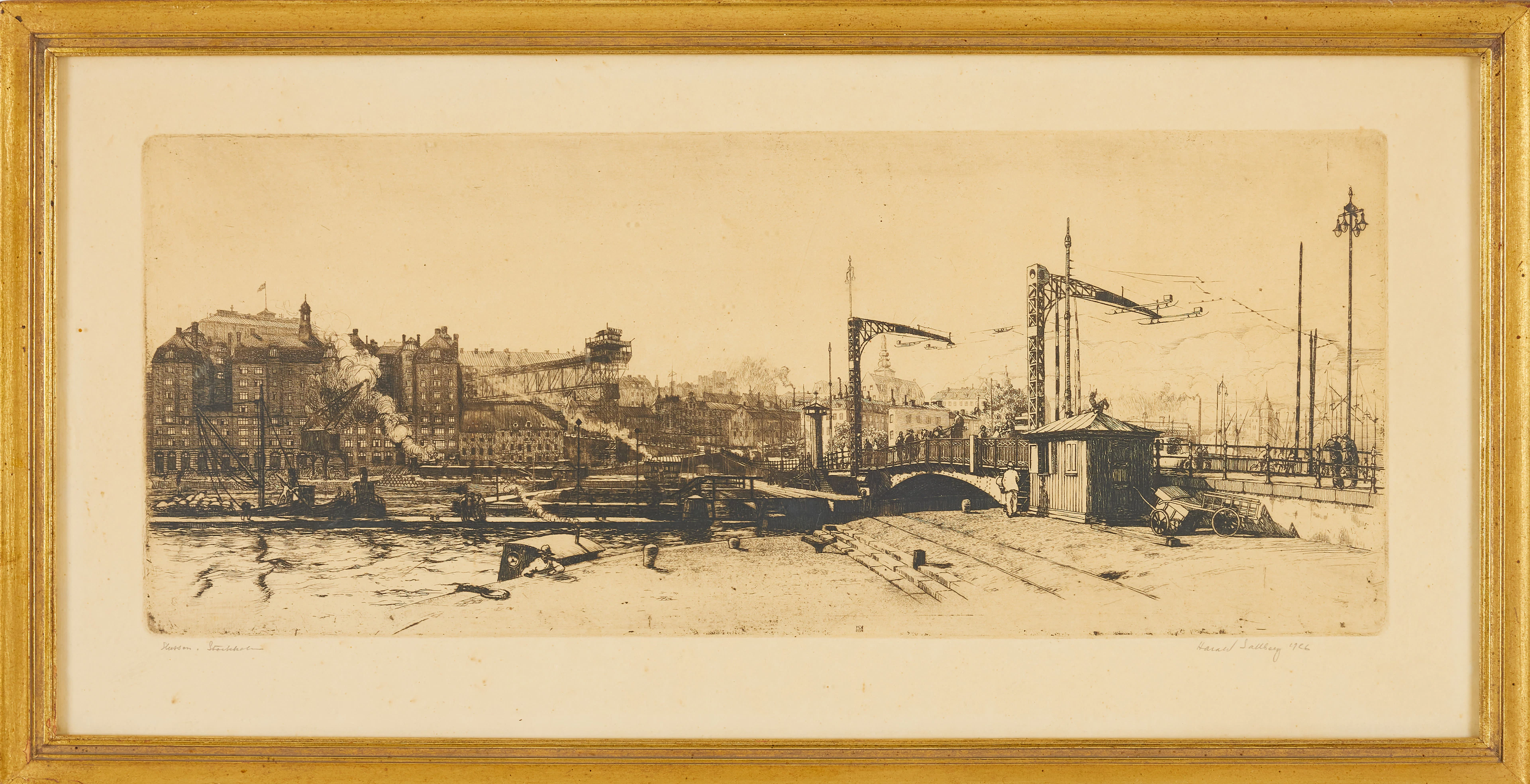 HARALD SALLBERG. "Slussen, Stockholm, torrnålsgravyr, signerad och