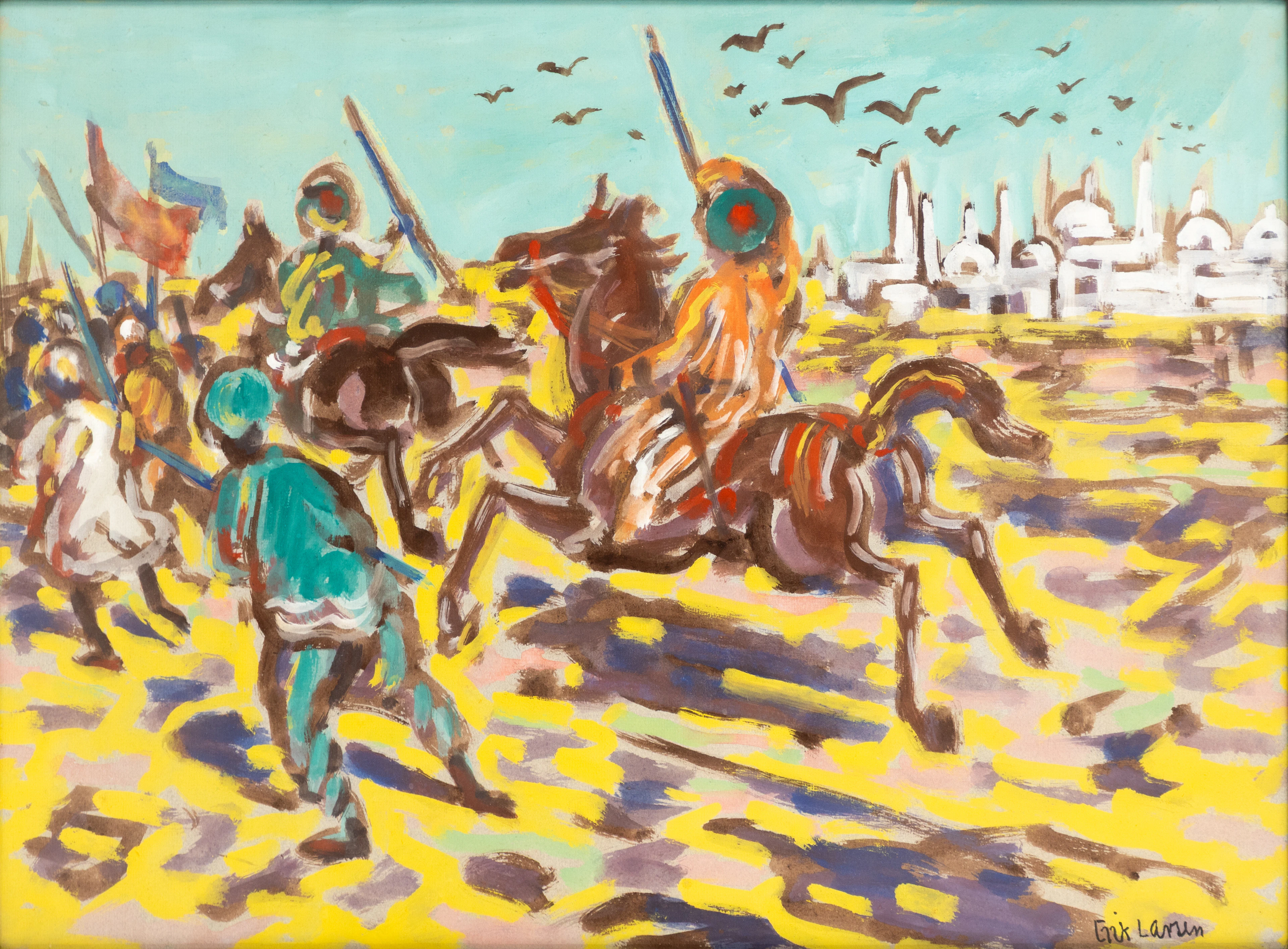 ERIK LARSEN (1902-1975). Reiter vor orientalischer Stadtsilhouette.