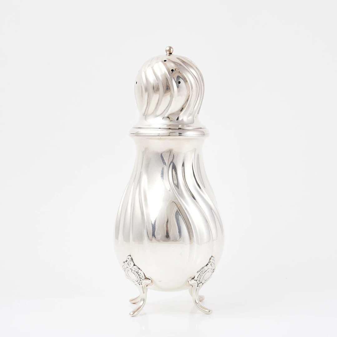 SOCKERRUSKA, silver, rokokostil, på svängda fötter, kulformad lockknopp
