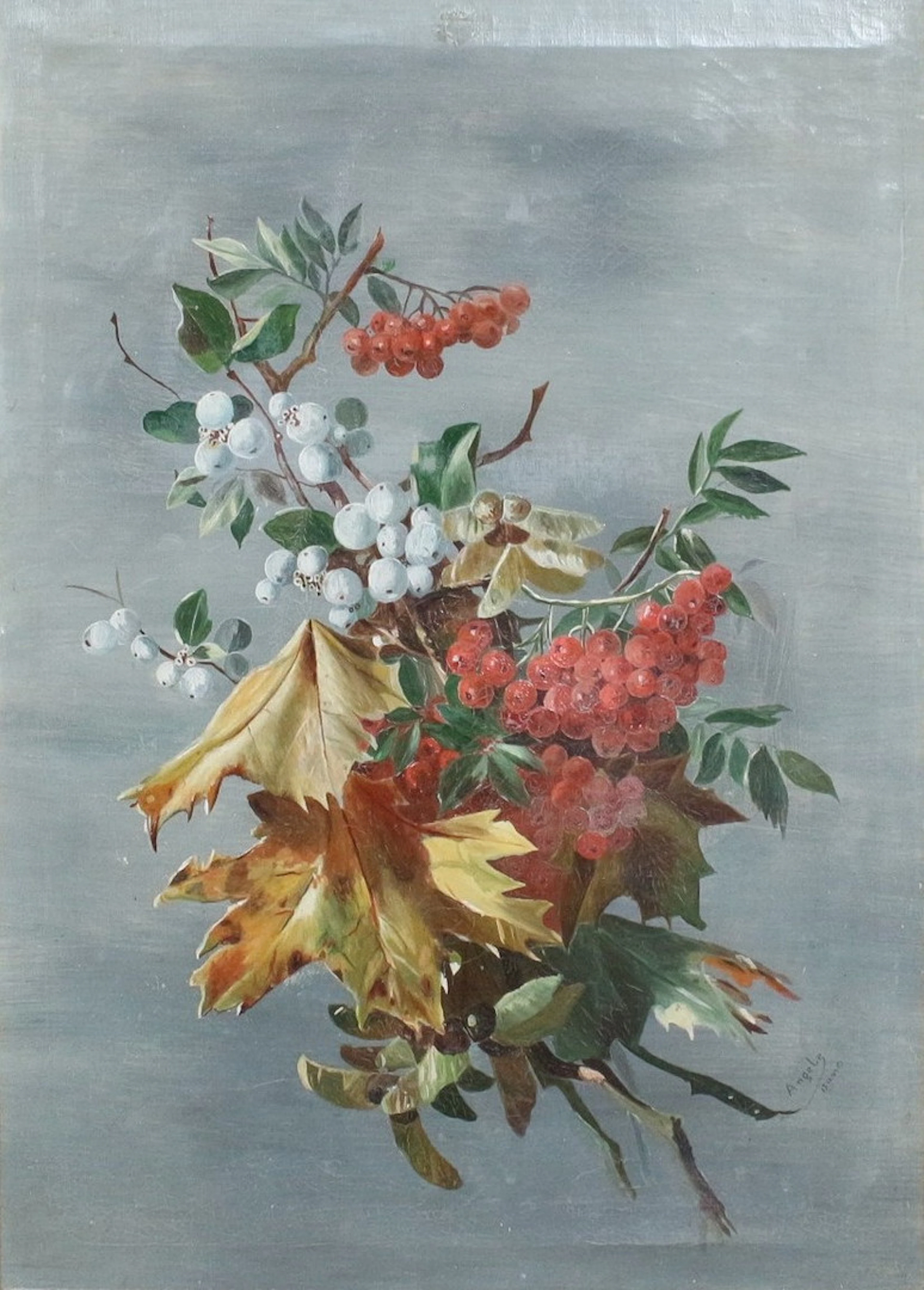 Gemälde Stillleben mit Blättern, Beeren und Zweigen, Öl auf Leinwand.