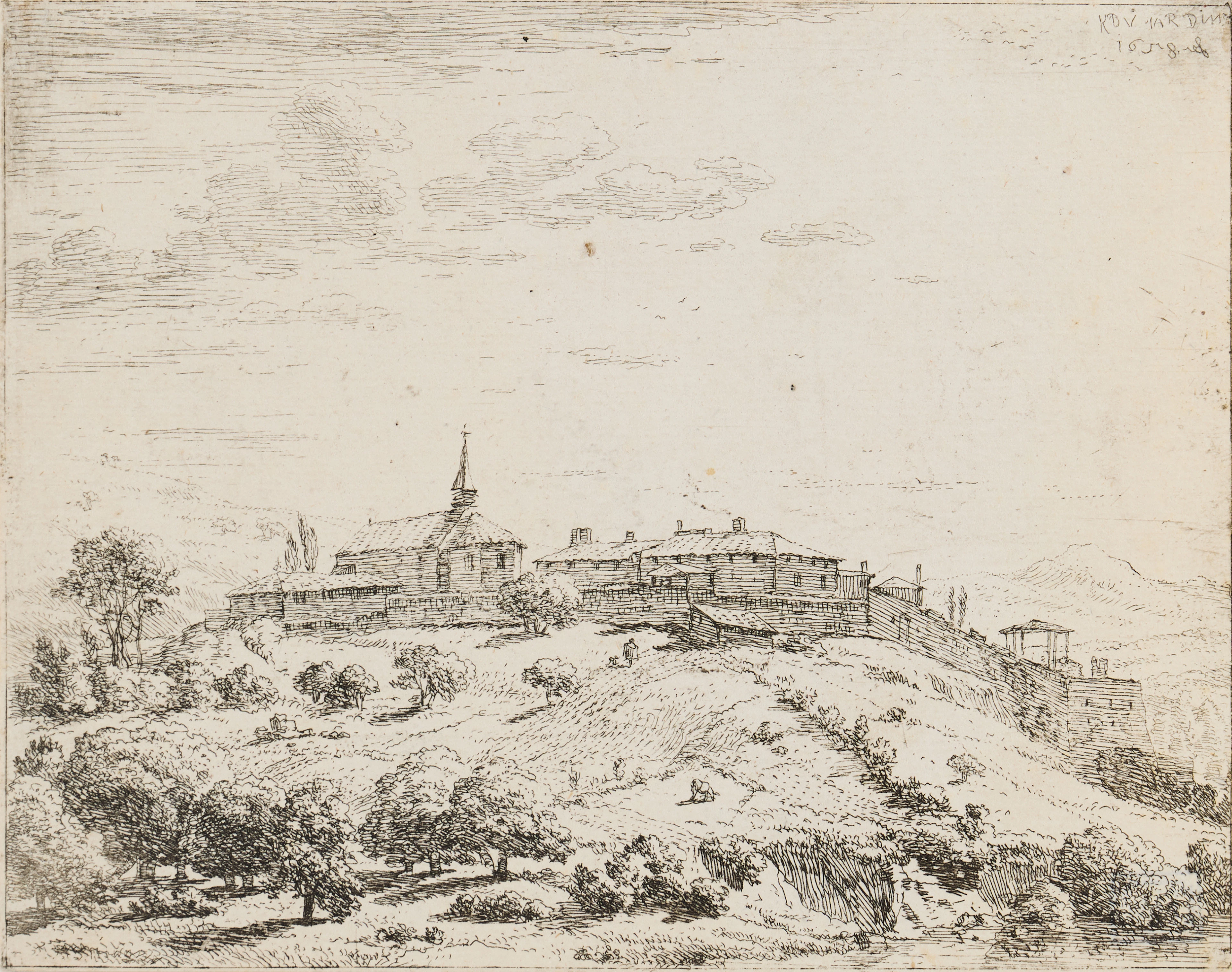 KAREL DUJARDIN (THE NETHERLANDS 1622-1678). "Walled Village on a Hill".