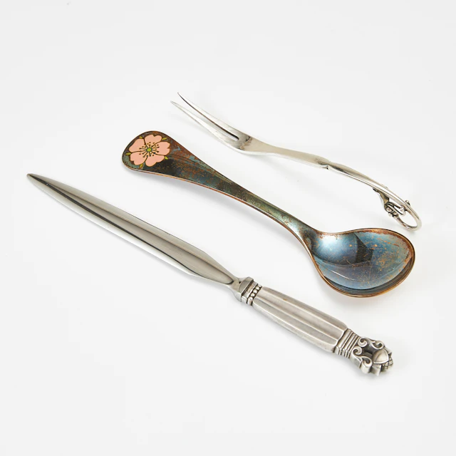 SILLGAFFEL, ÅRSSKED, BREVKNIV, silver, Georg Jensen, bl.a modell "Konge".