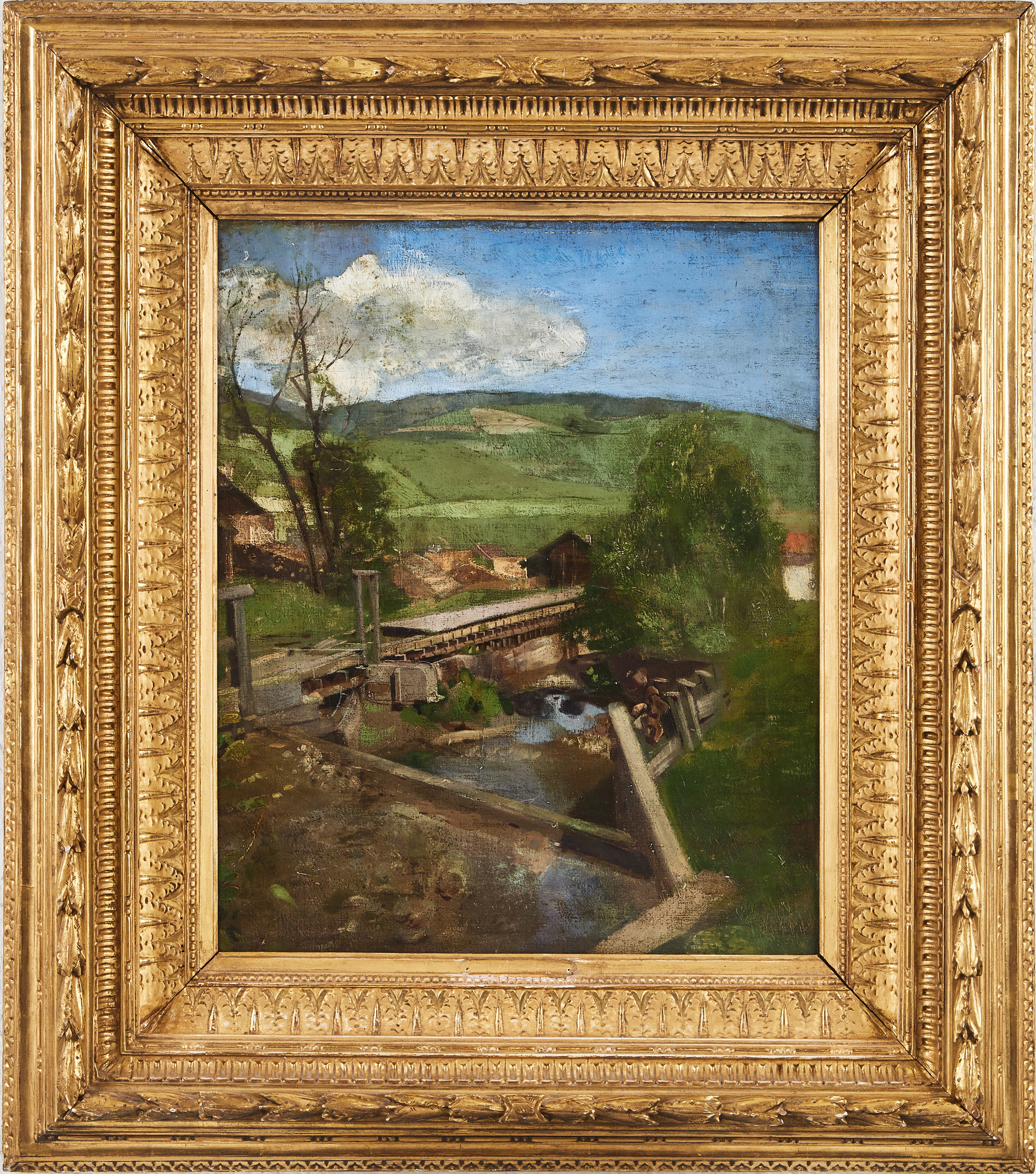 ALFRED WAHLBERG. TILLSKRIVEN. Sommarlandskap med kvarn utanför en fransk by.