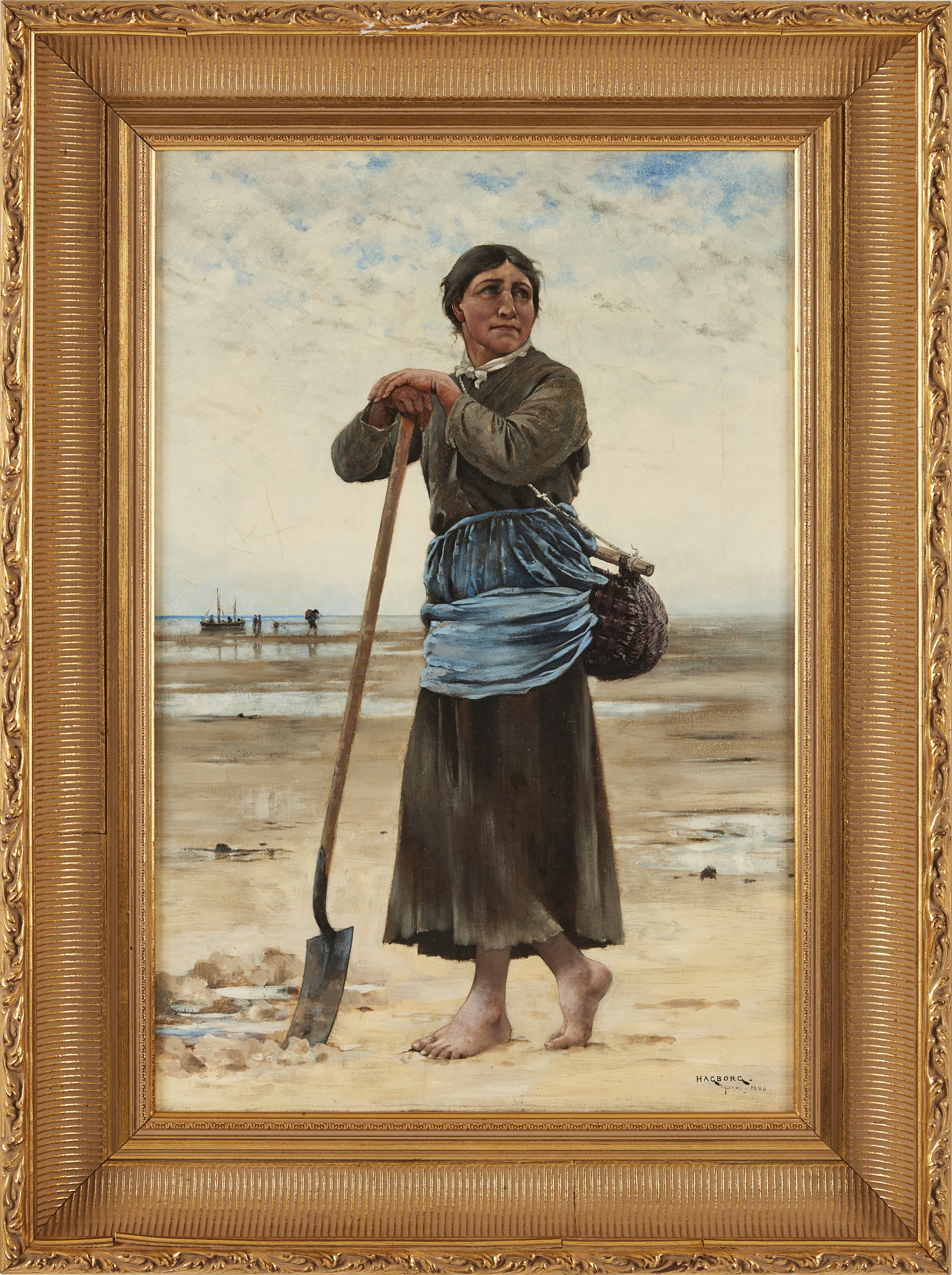 AUGUST HAGBORG. Musselplockerska, olja på pannå, signerad, daterad Paris 1880.