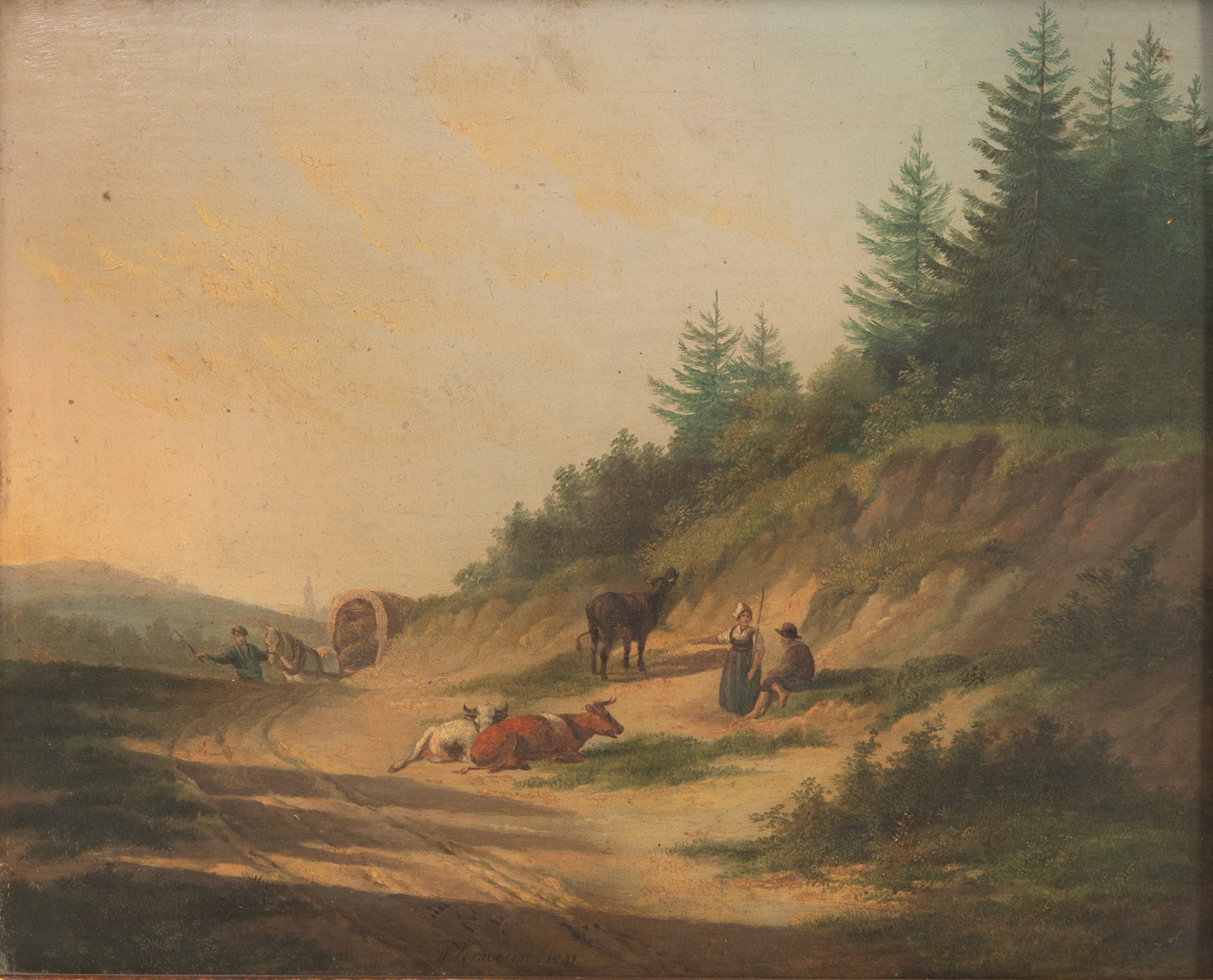 ALBERTUS VERHOESEN (1806-1881). Landschaft mit rastenden Bauern.