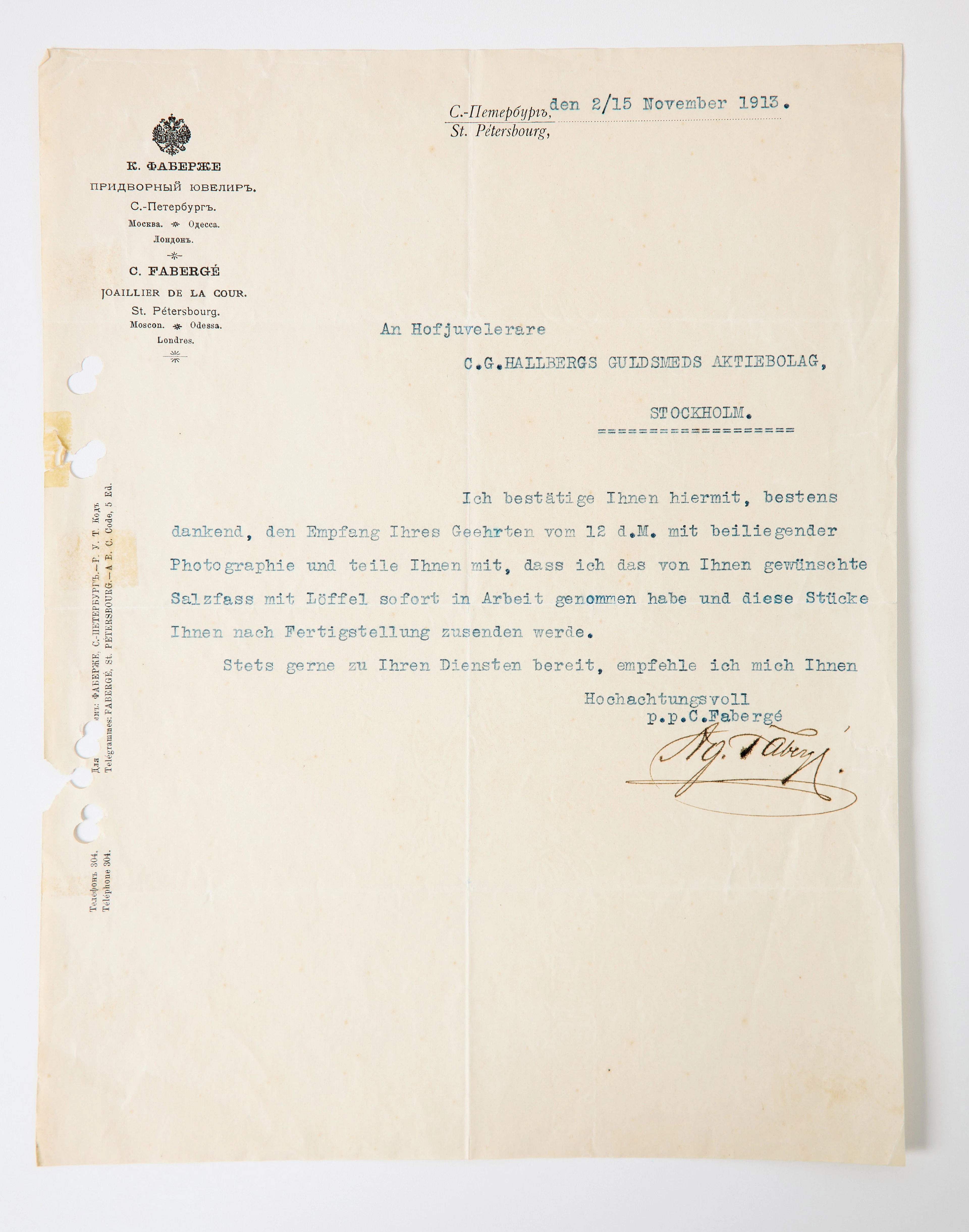 SIGNED LETTER BY AGATHON FABERGÉ TO HALLBERG, S:t Petersburg 1913.