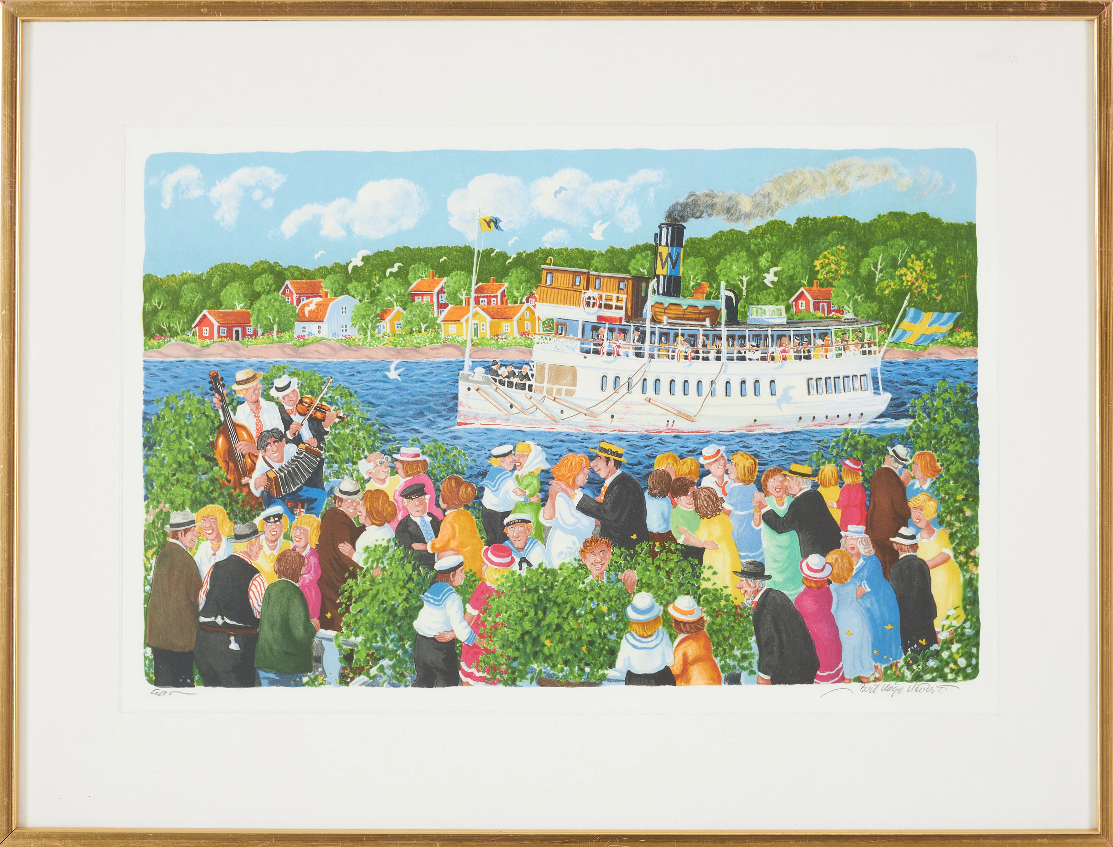 BERT HÅGE HÄVERÖ. Skärgårdsmotiv med dansbana, färglitografi, signerad