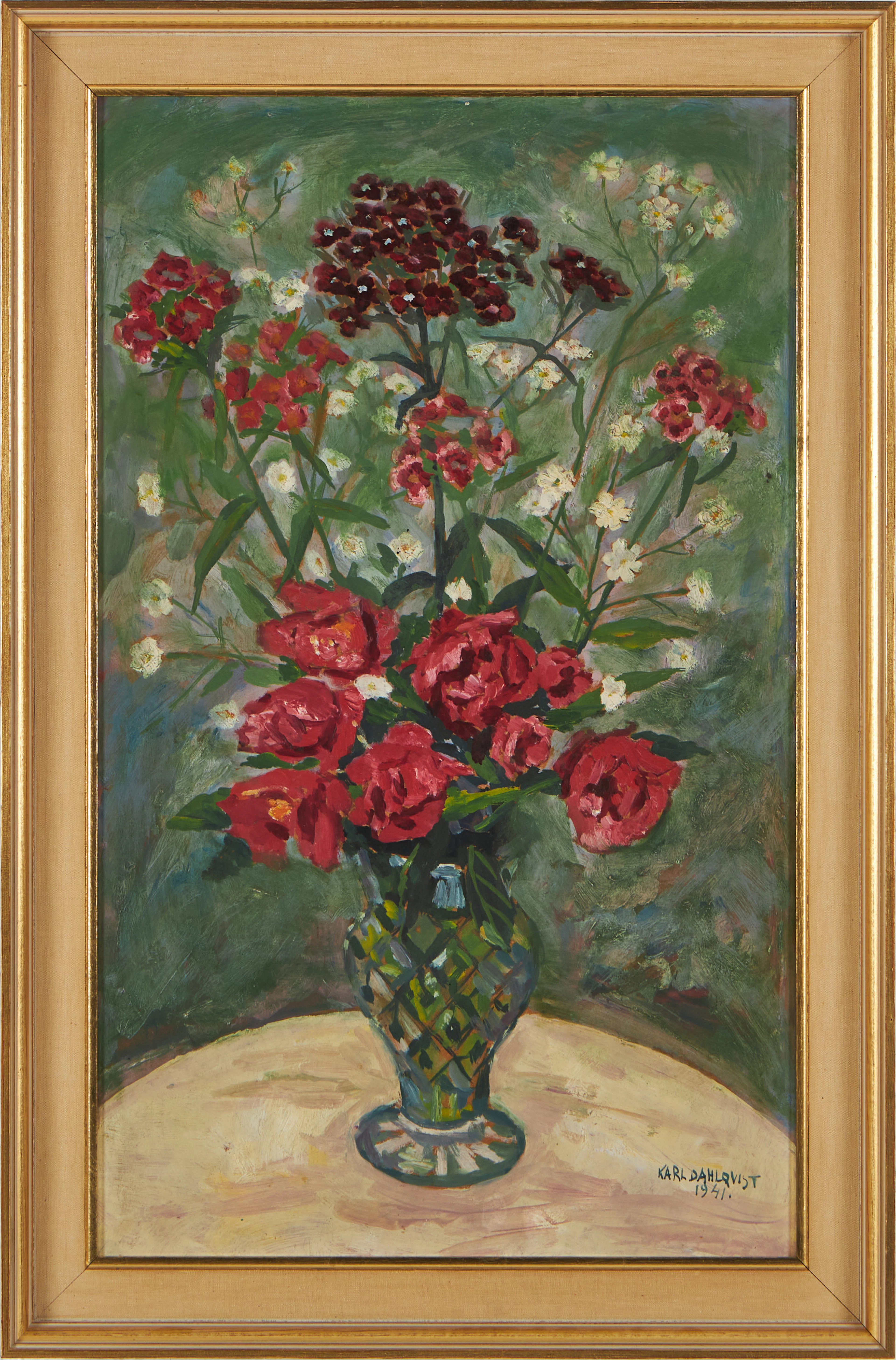 KARL DAHLQVIST. Stilleben, blommor i vas, olja på pannå, signerad