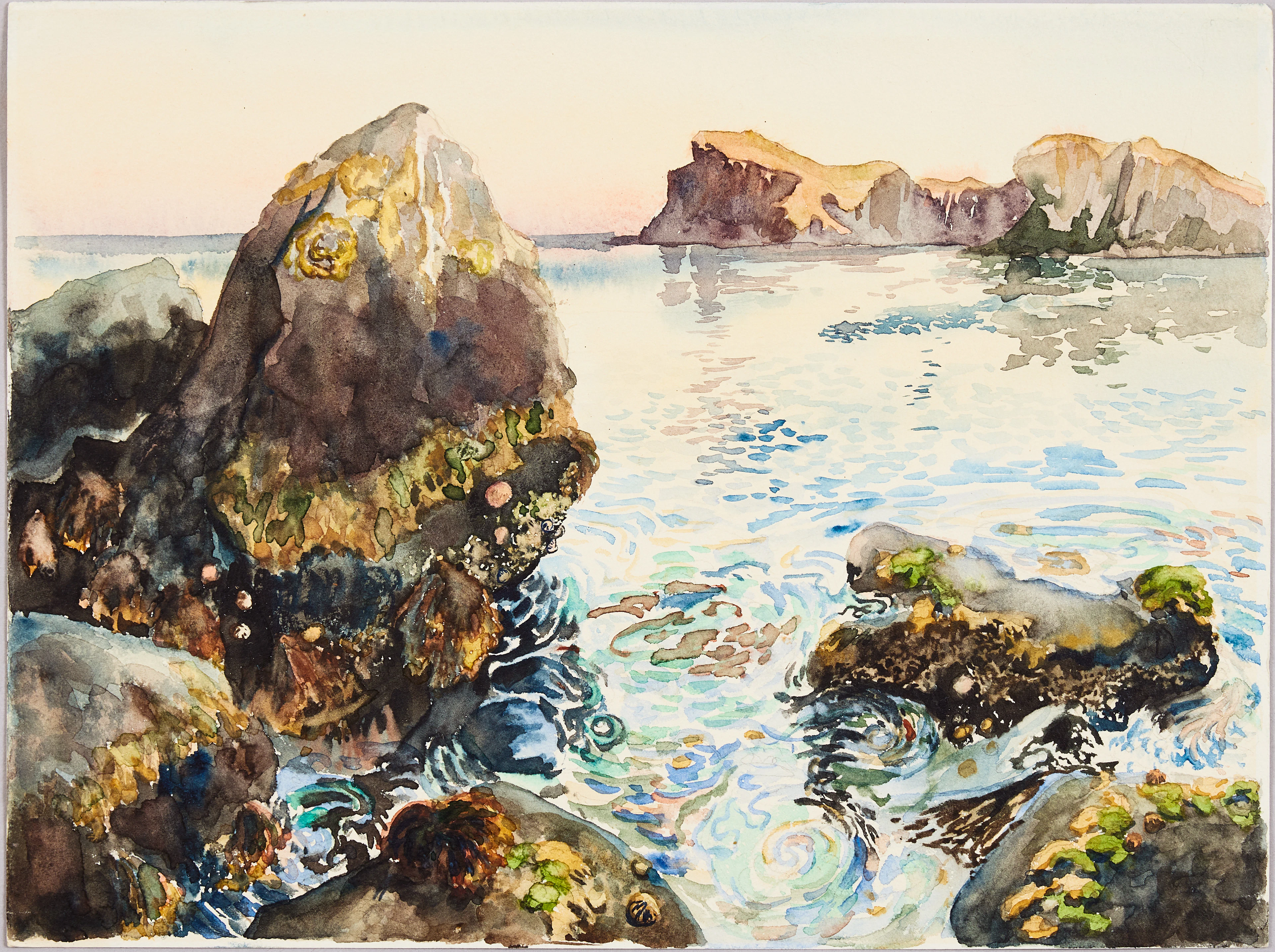 GUNNAR WIDFORSS. TILLSKRIVEN. Vattenspeglingar med klippor, akvarell på papper.