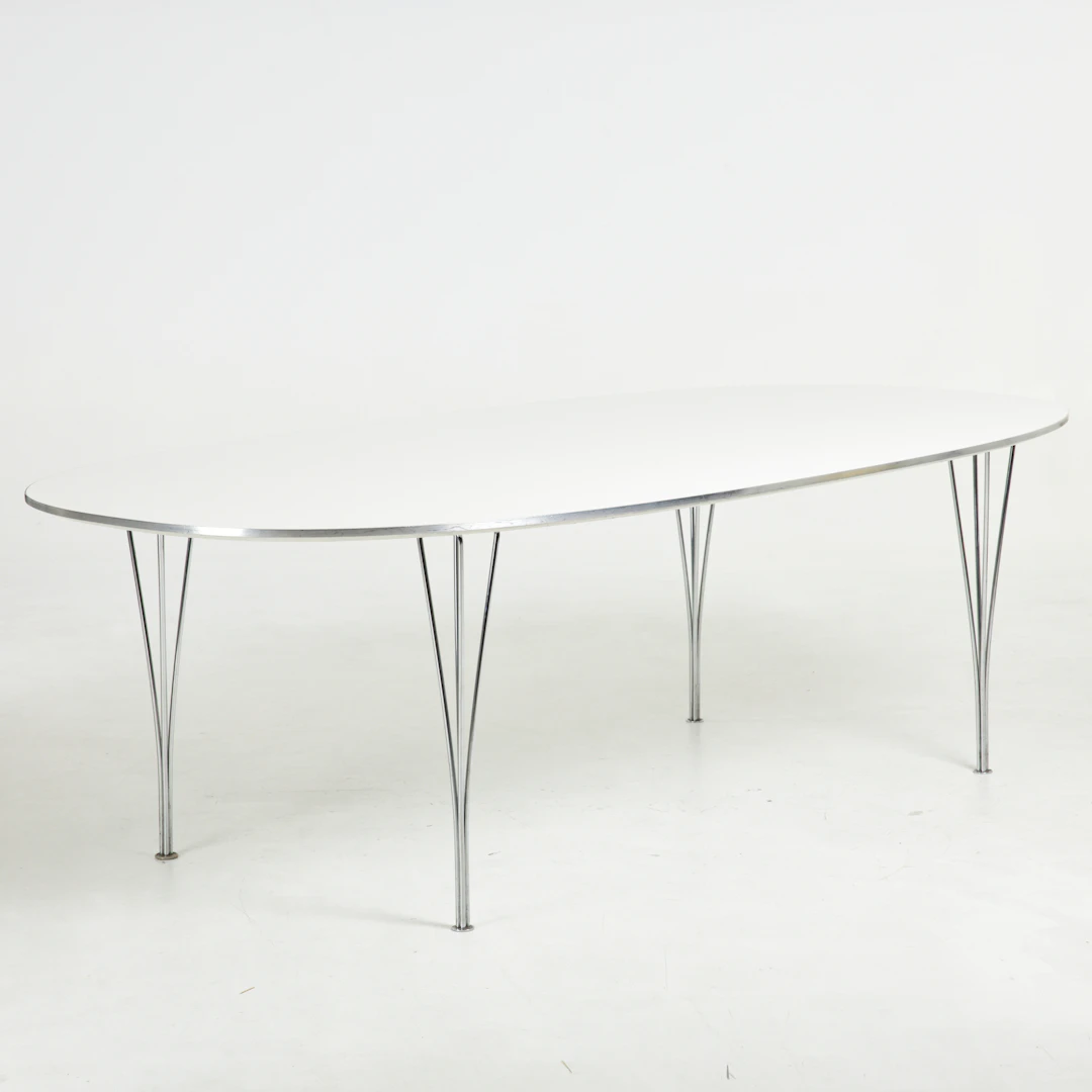 BRUNO MATHSSON & PIET HEIN. Bord, ''Superelips'', vit laminat, aluminiumkant