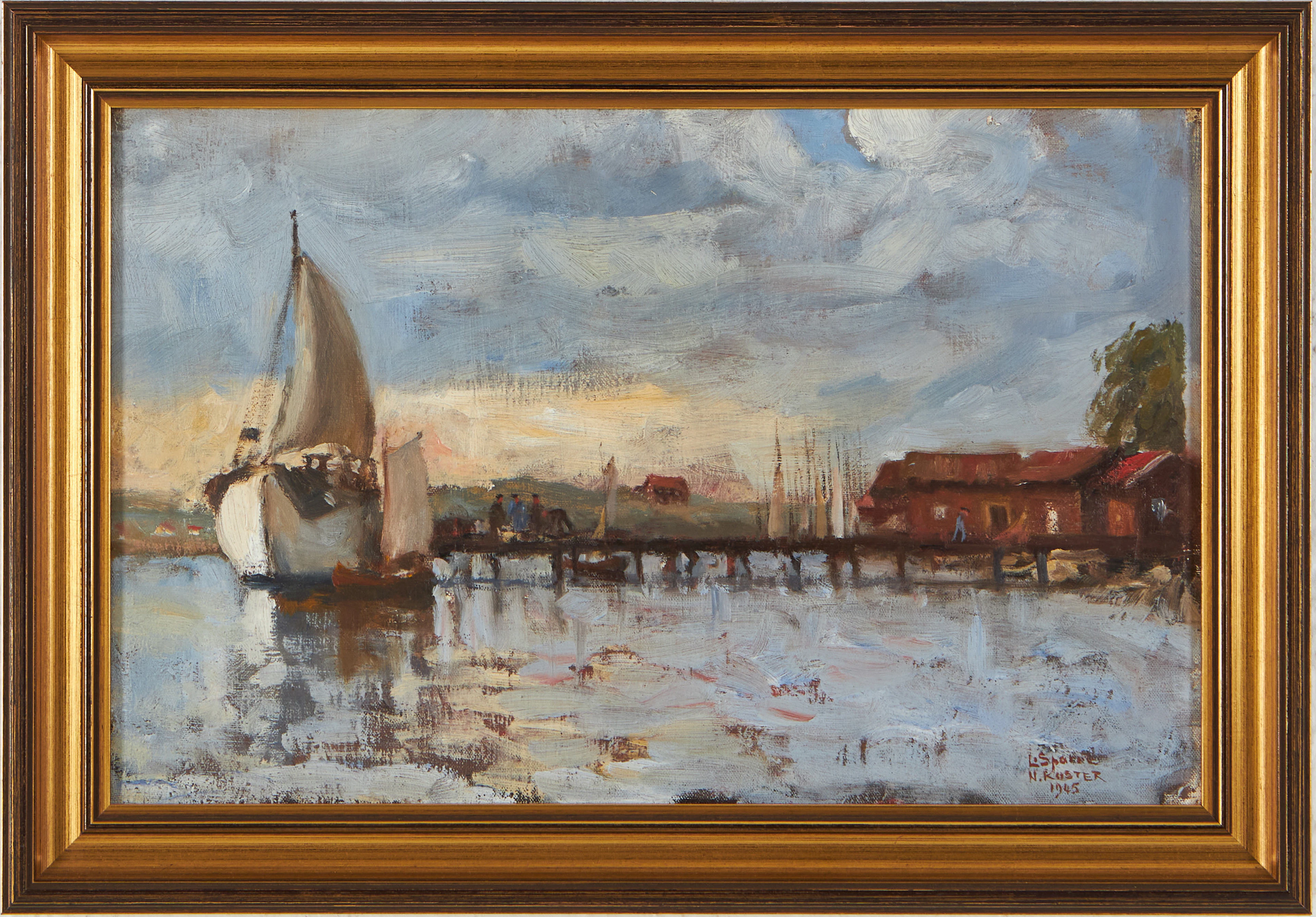 LOUIS SPARRE. Hamn i Nordkoster, olja på pannå, signerad, daterad 1945.