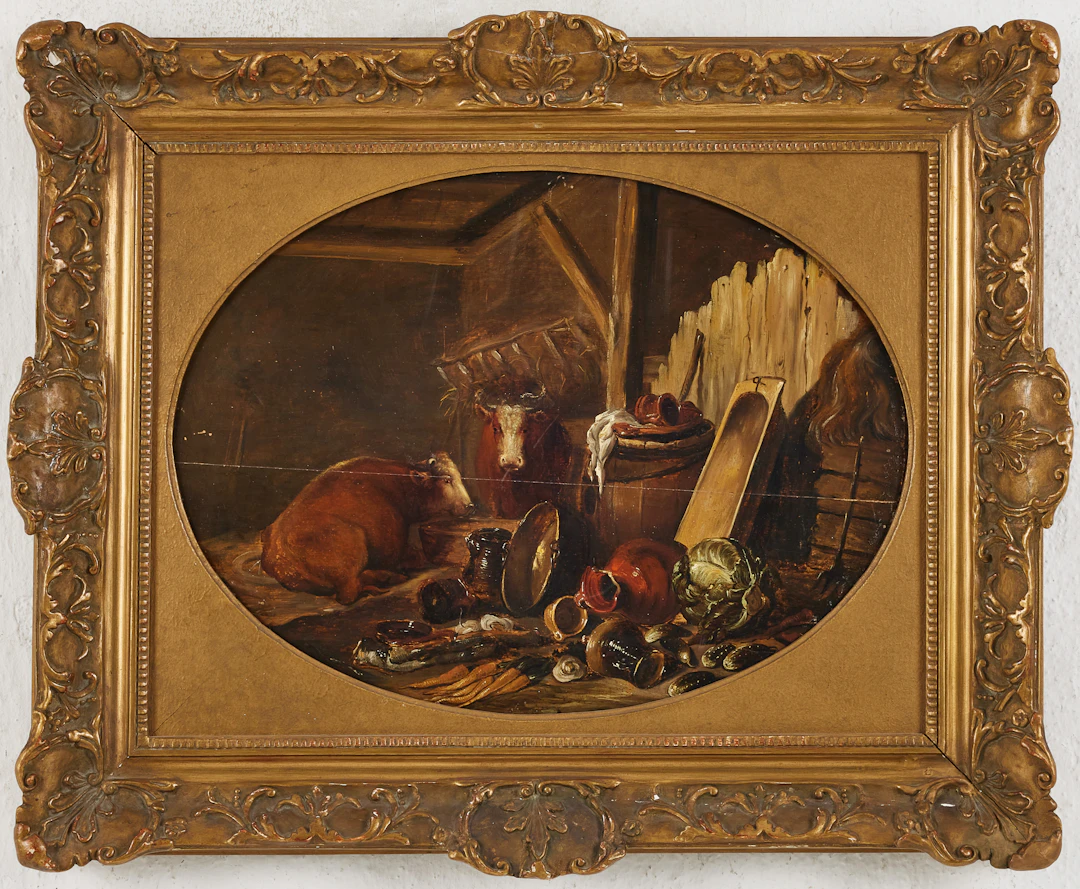 OIDENTIFIERAD KONSTNÄR. 1800-tal, Ladugårdsinteriör med kor, olja