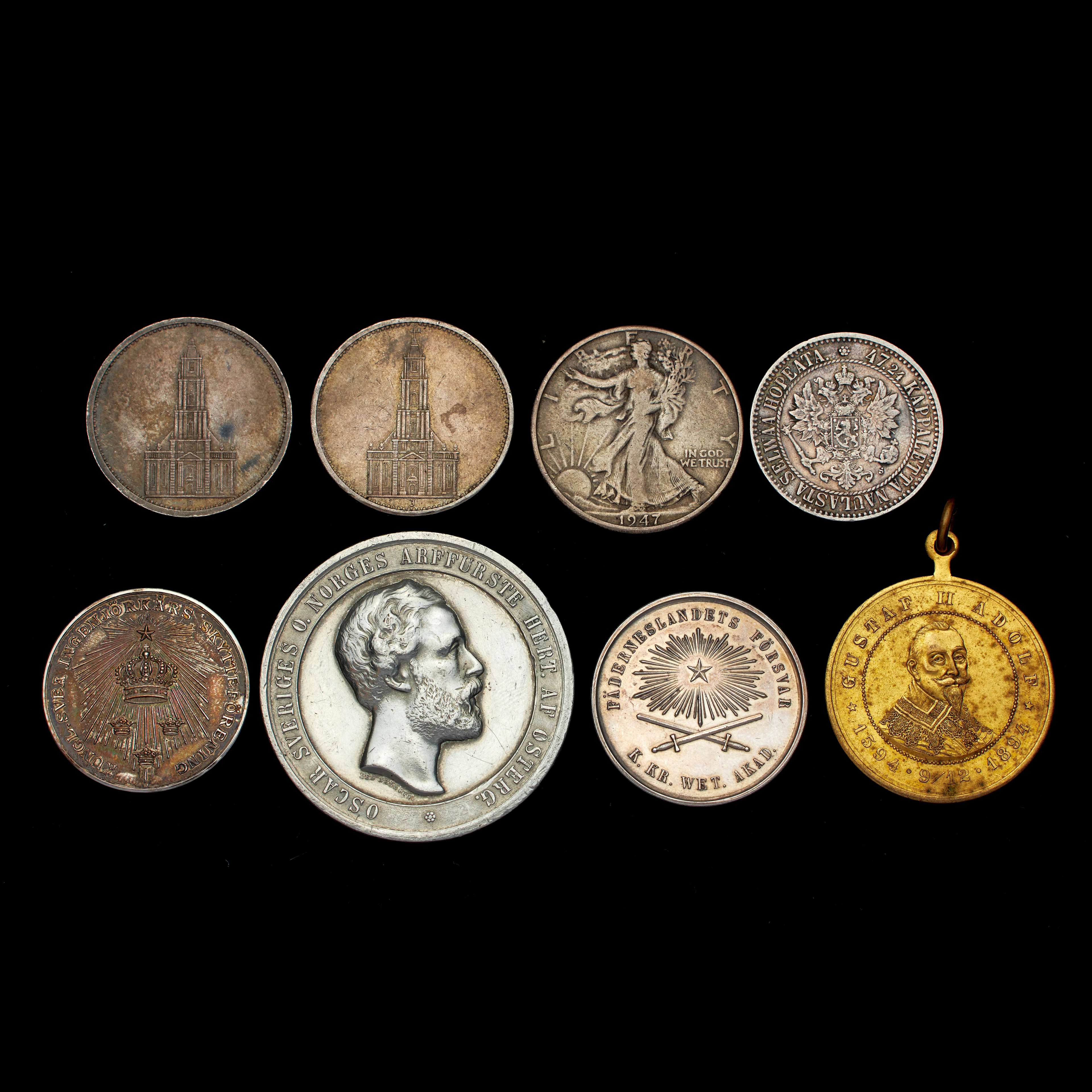 MEDALJER och MYNT, 8 st, 6 st i silver, half dollar 1947, tyska riksmark
