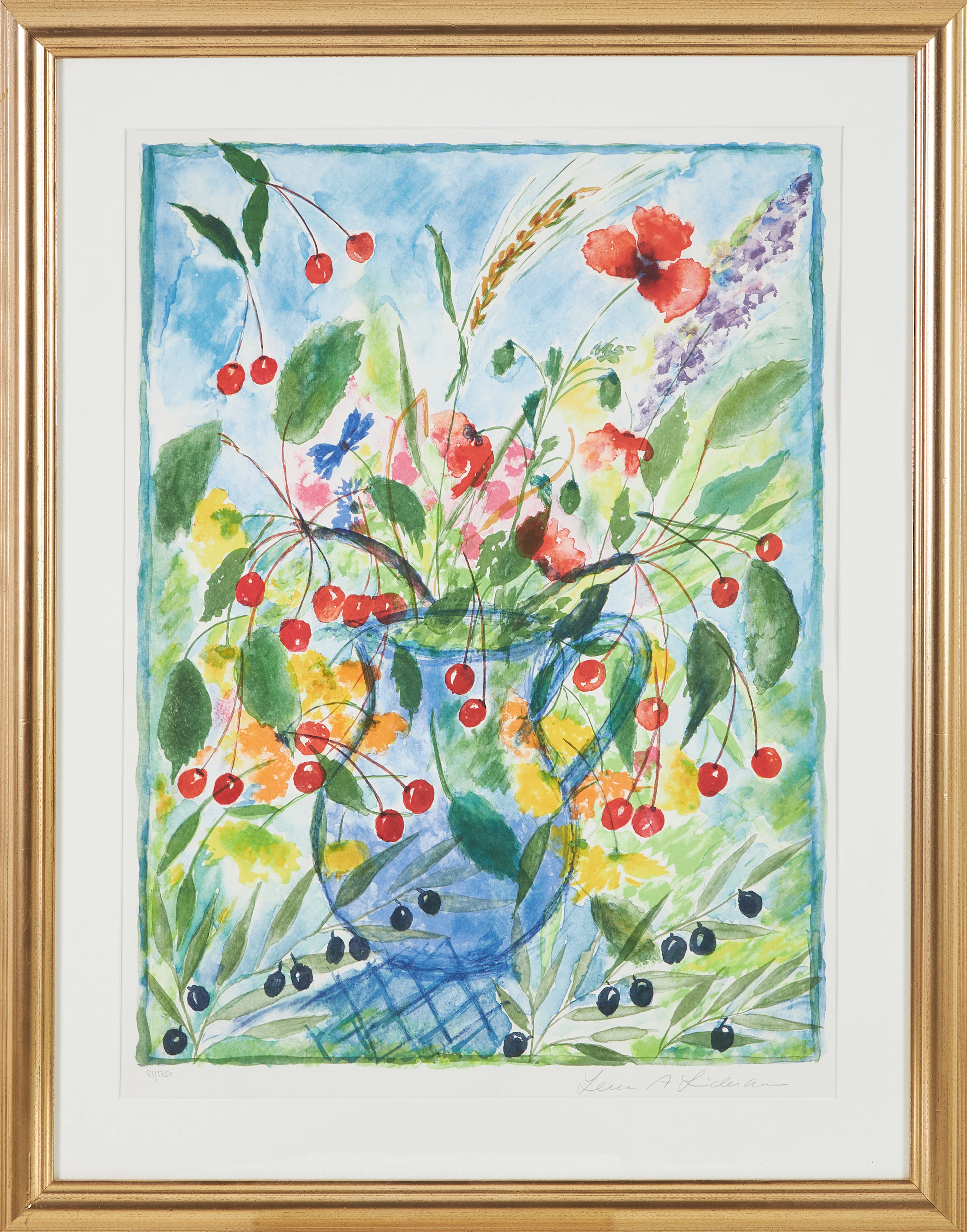 LENA LINDERHOLM. blomsterstilleben, färglitografi, signerad och numrerad