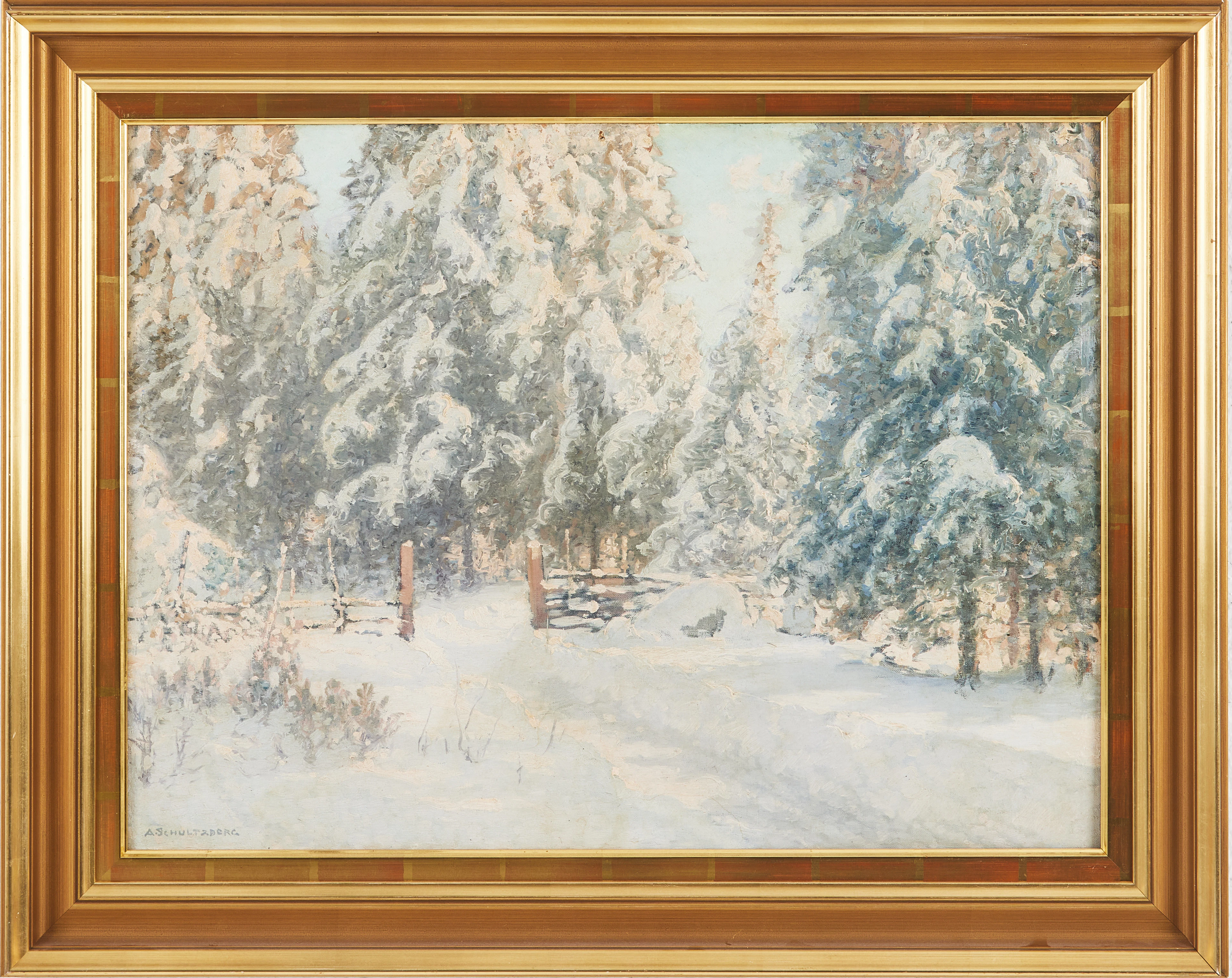 ANSHELM SCHULTZBERG. "Vinterväg genom skogen" (Motiv från Wermland).
