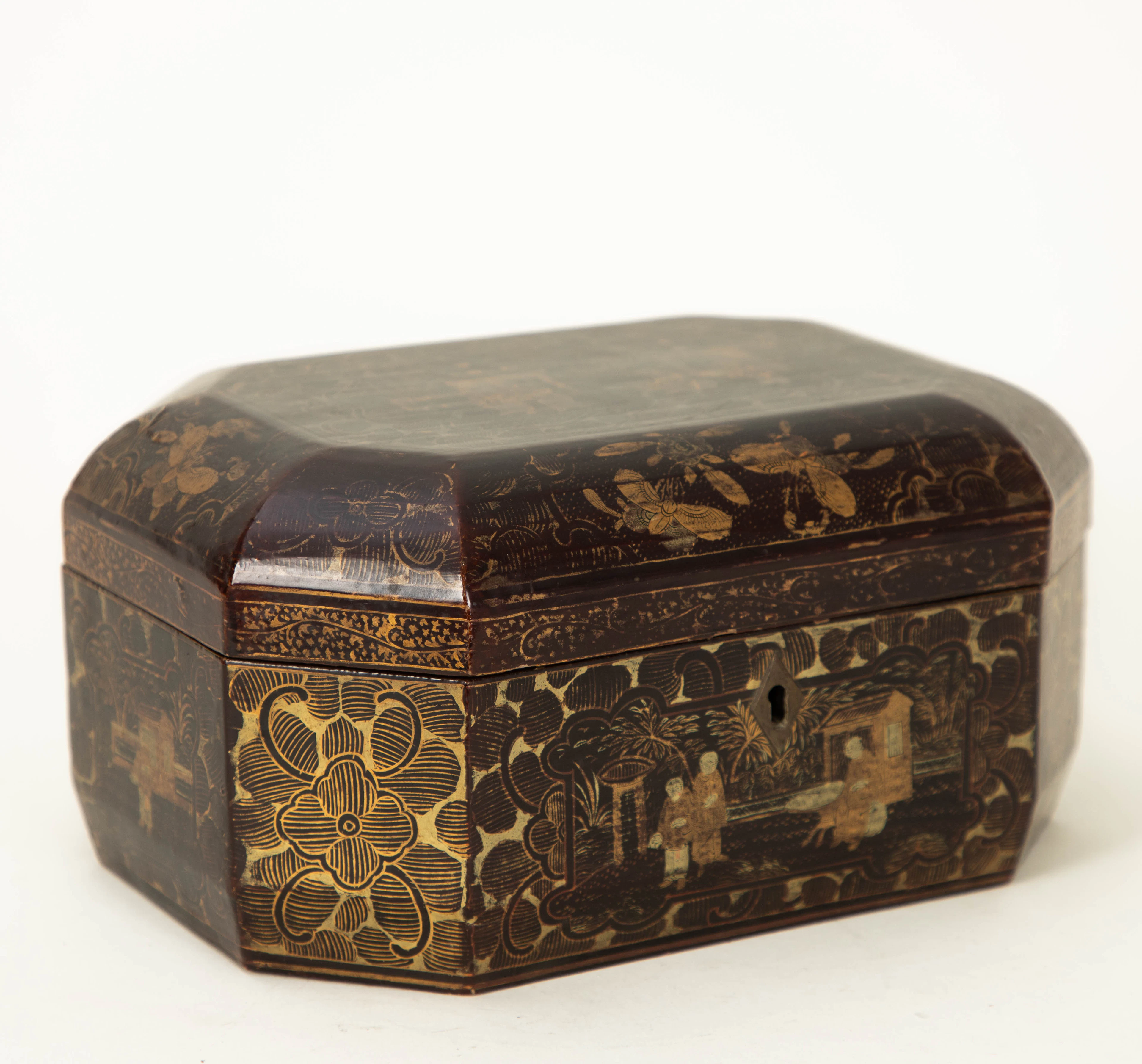 Tea-Caddy, Lackarbeit in Schwarz, Kanton, China, 19. Jh.
