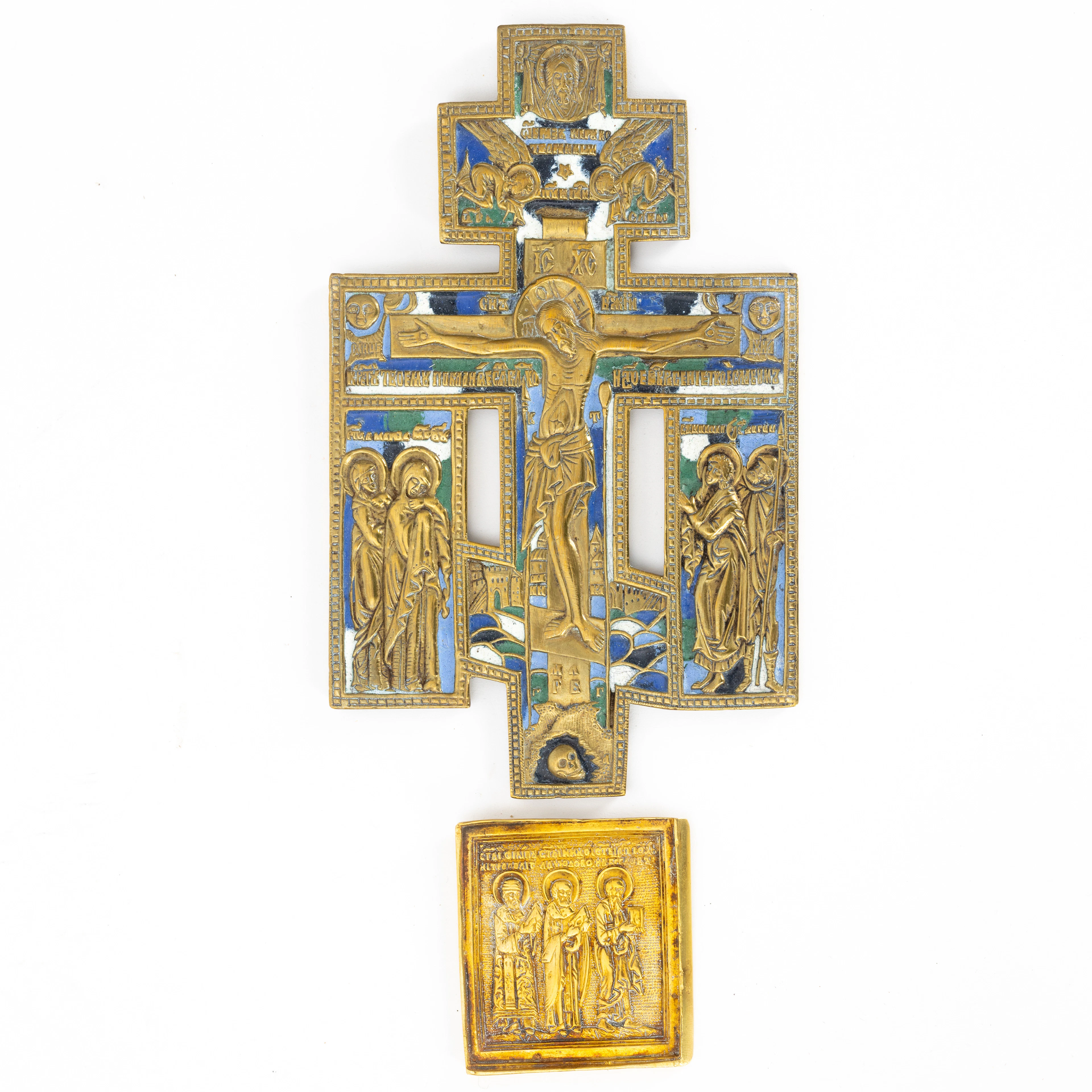 Ikonenkreuz und Ikonen-Miniatur/Kusstafel, Bronze, Rußland 19. Jh. (2).