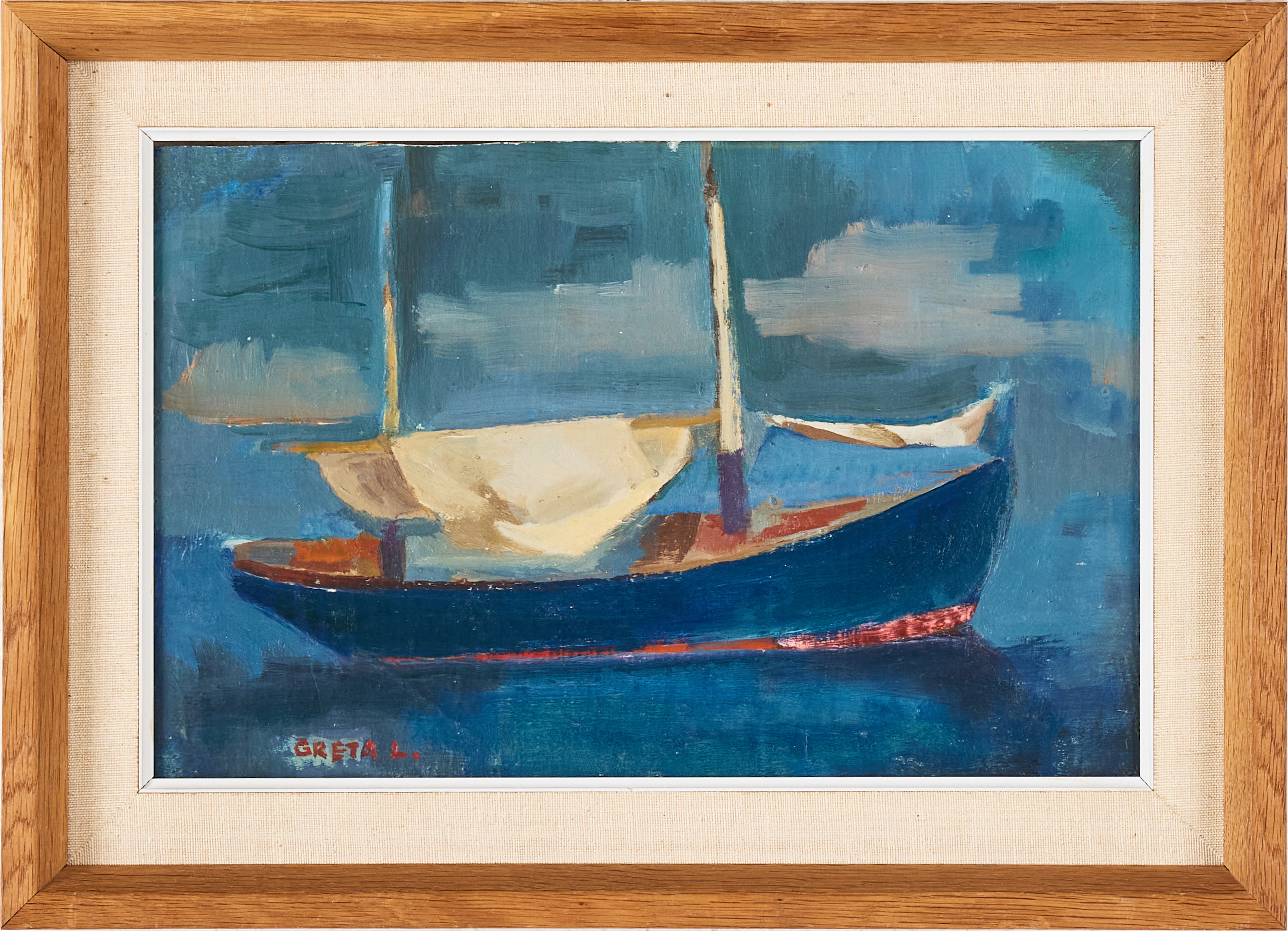 GRETA FAHLCRANTZ-LINDBERG (1889-1978). Segelbåt, olja på pannå, signerad