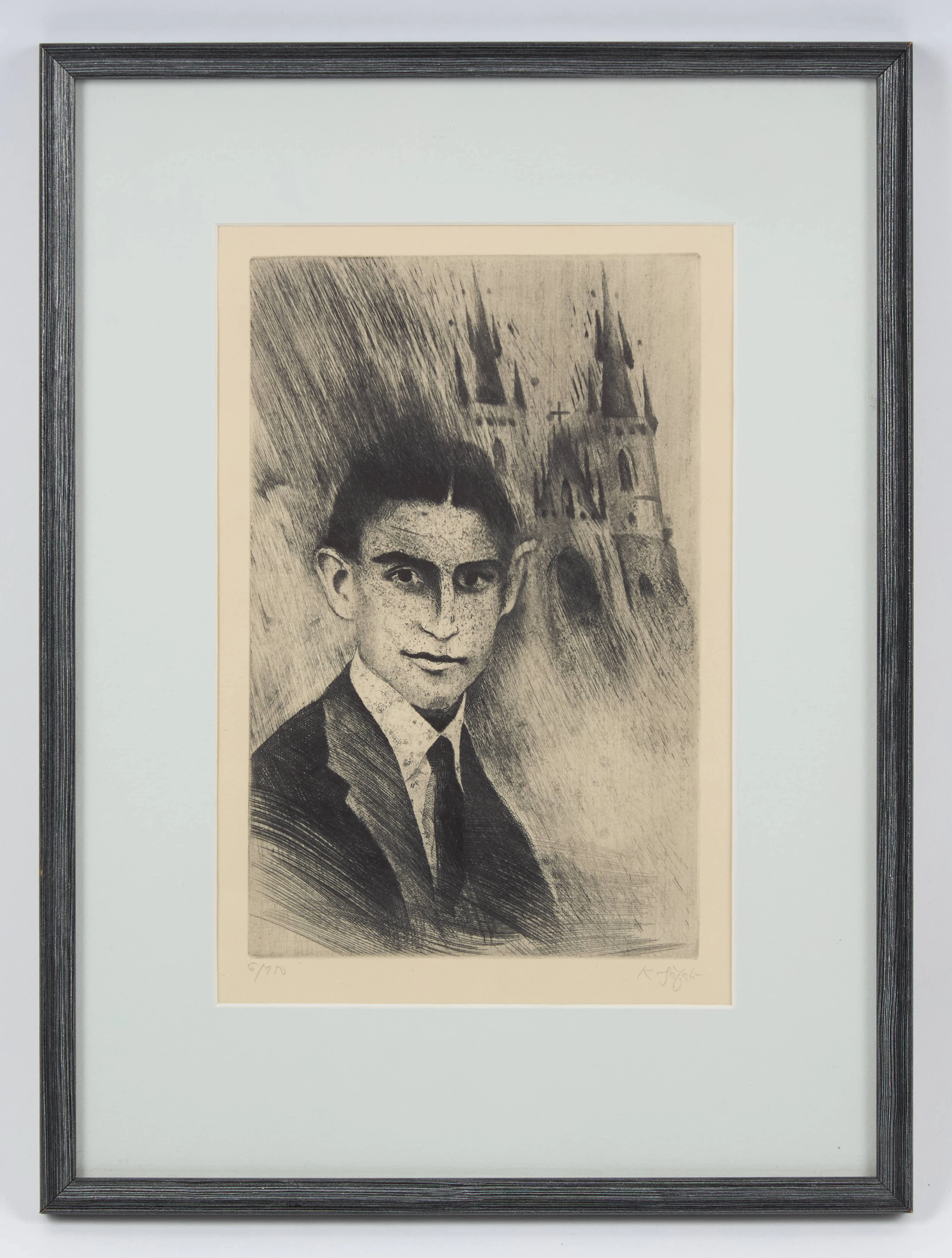 KAREL SAFAR (1938-2016). Frans Kafka framför siluetten av Prag, signerad