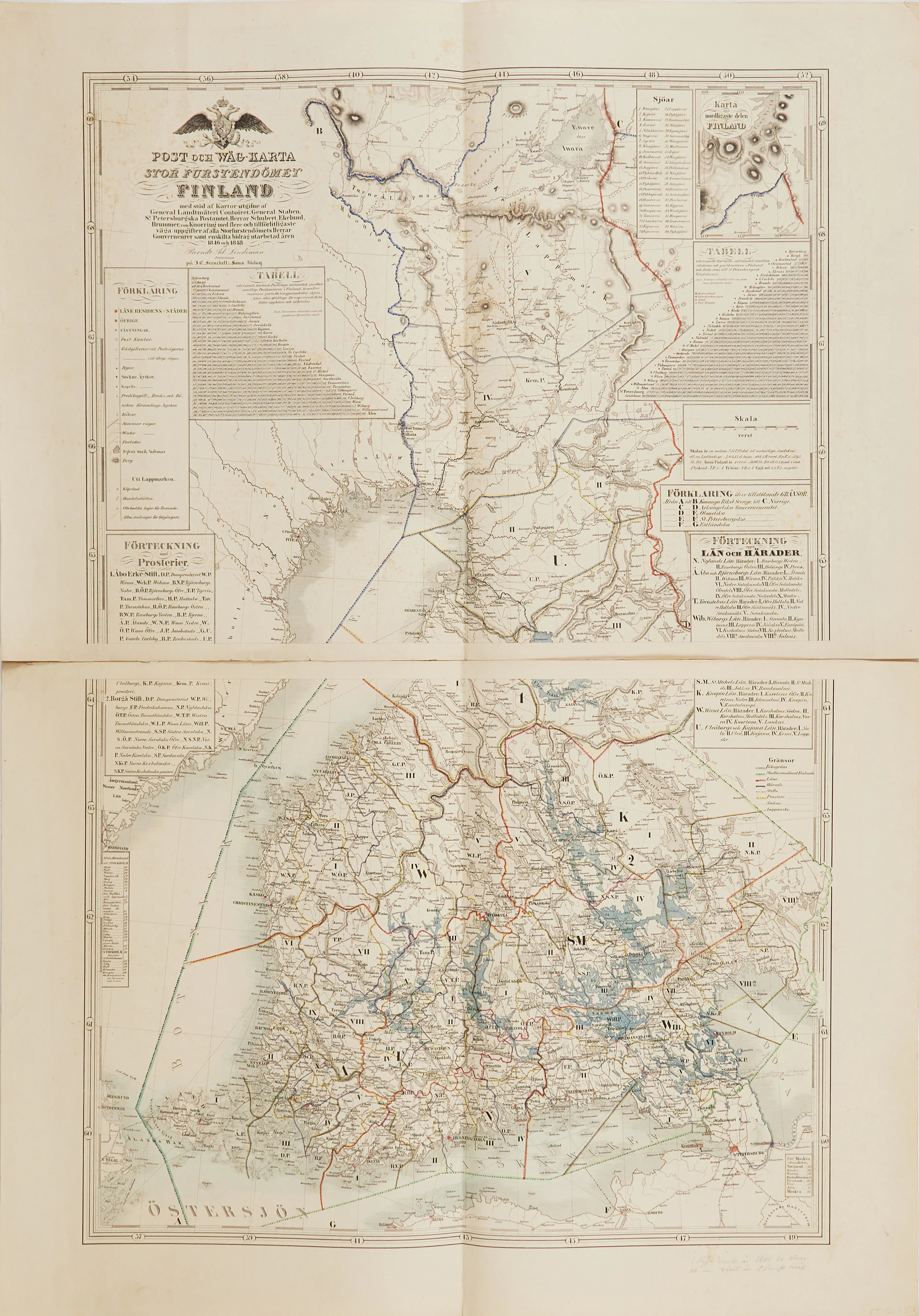 POST OCH WÄG-KARTA ÖFVER STOR FURSTENDÖMET FINLAND, 1848, i 2 blad.