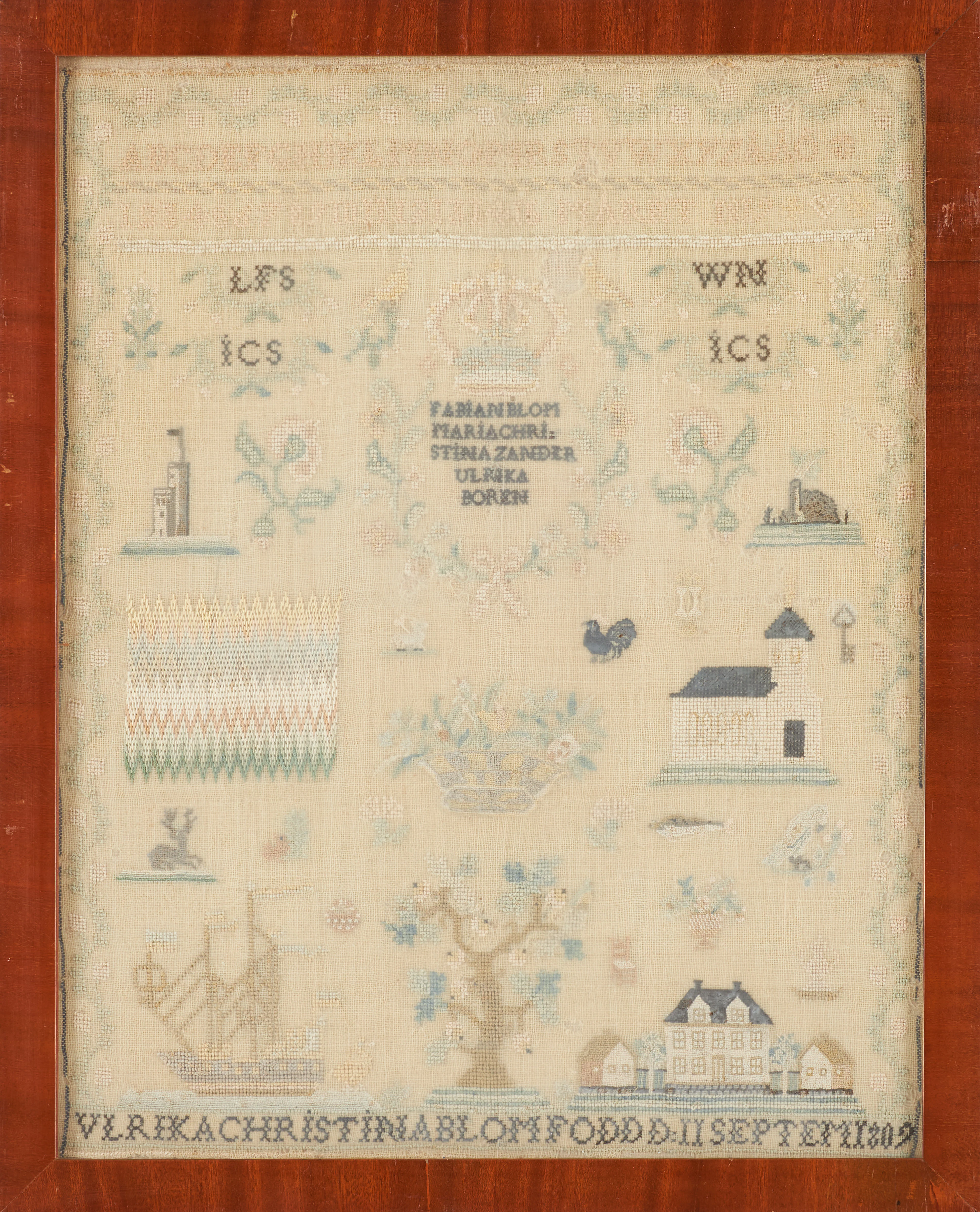 MÄRKDUK. Bonad, 1819, Norra Skåne/Södra Halland, broderi.