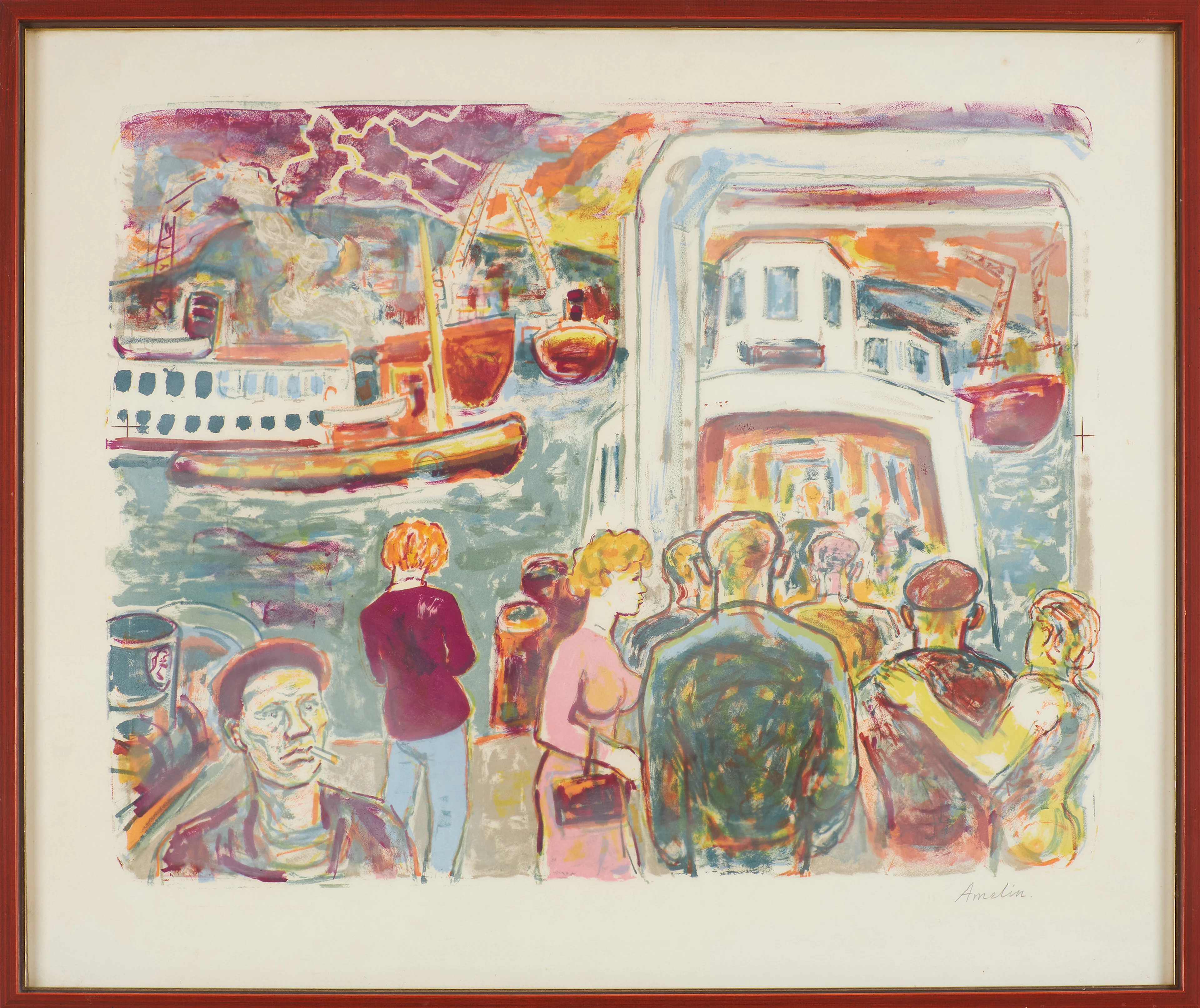 ALBIN AMELIN. Hamnmotiv, färglitografi, signerad.