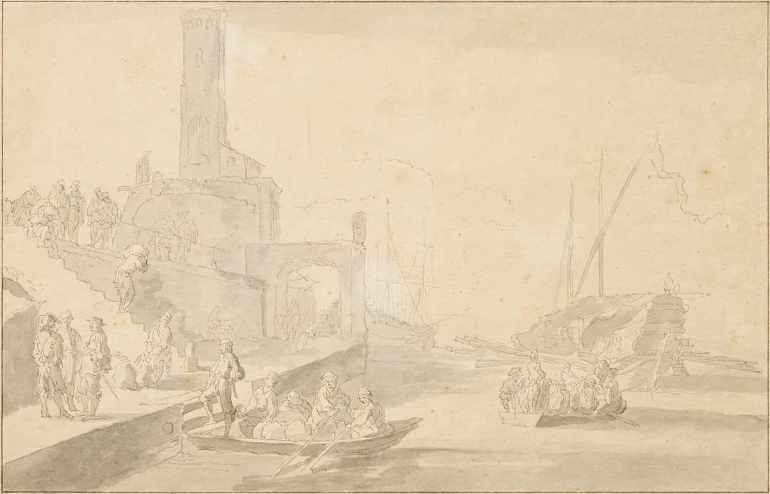 OIDENTIFIERAD KONSTNÄR. Hamnmotiv, tuschlavyr på papper, omkring år 1800.