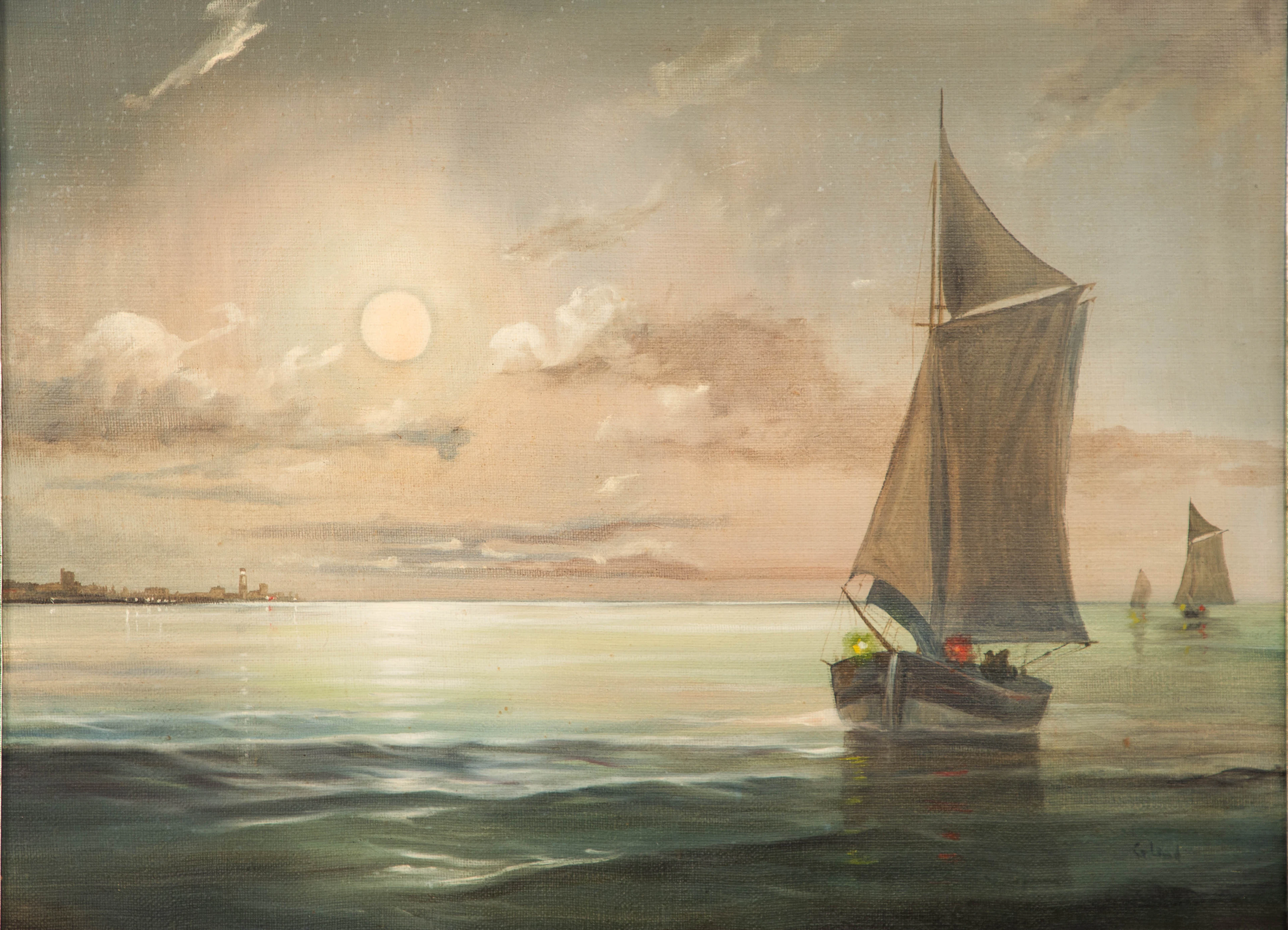UNBEKANNTER KÜNSTLER. Fischerboote im Mondschein.