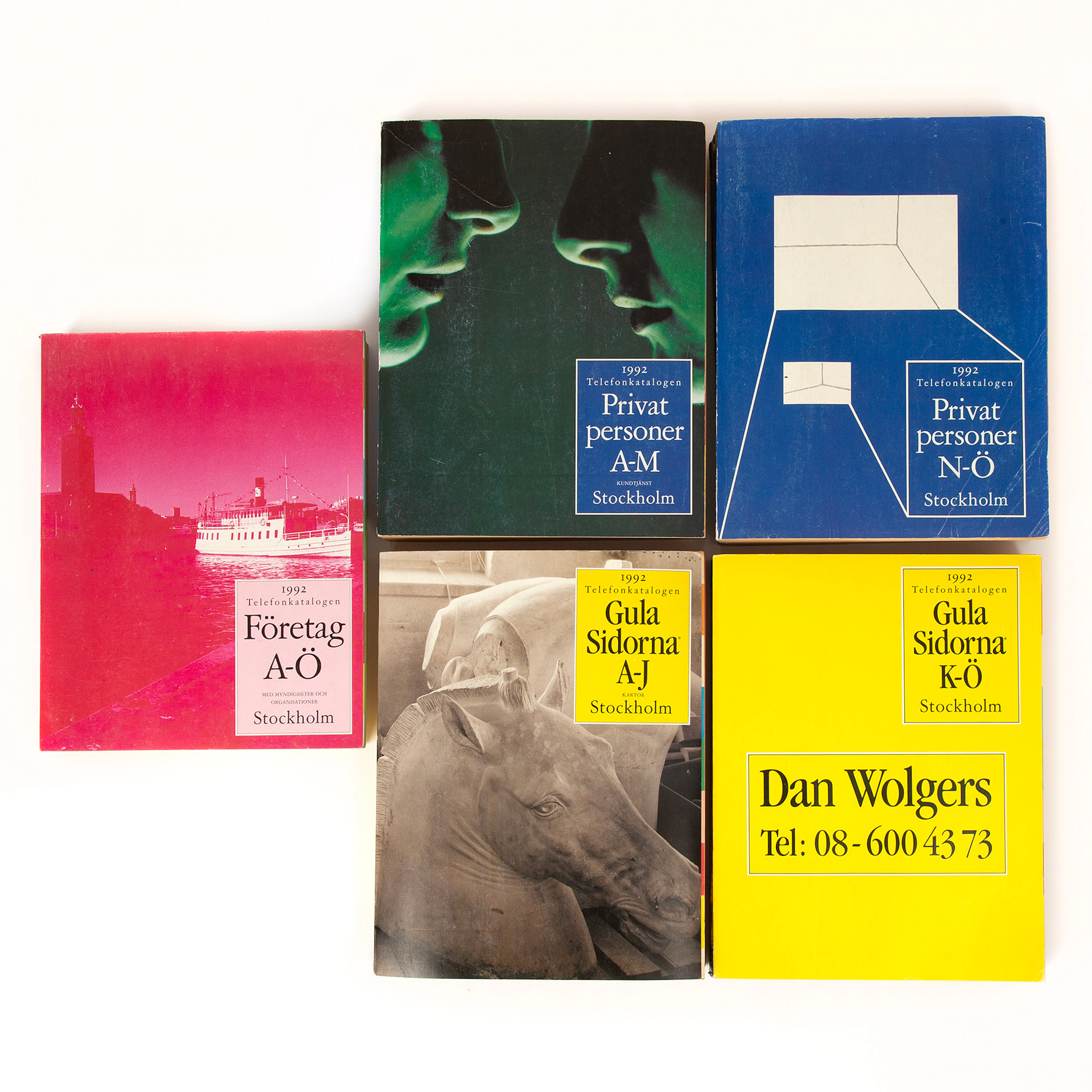 DAN WOLGERS. Telefonkataloger, Gula sidorna, fem volymer, Stockholmsdelen